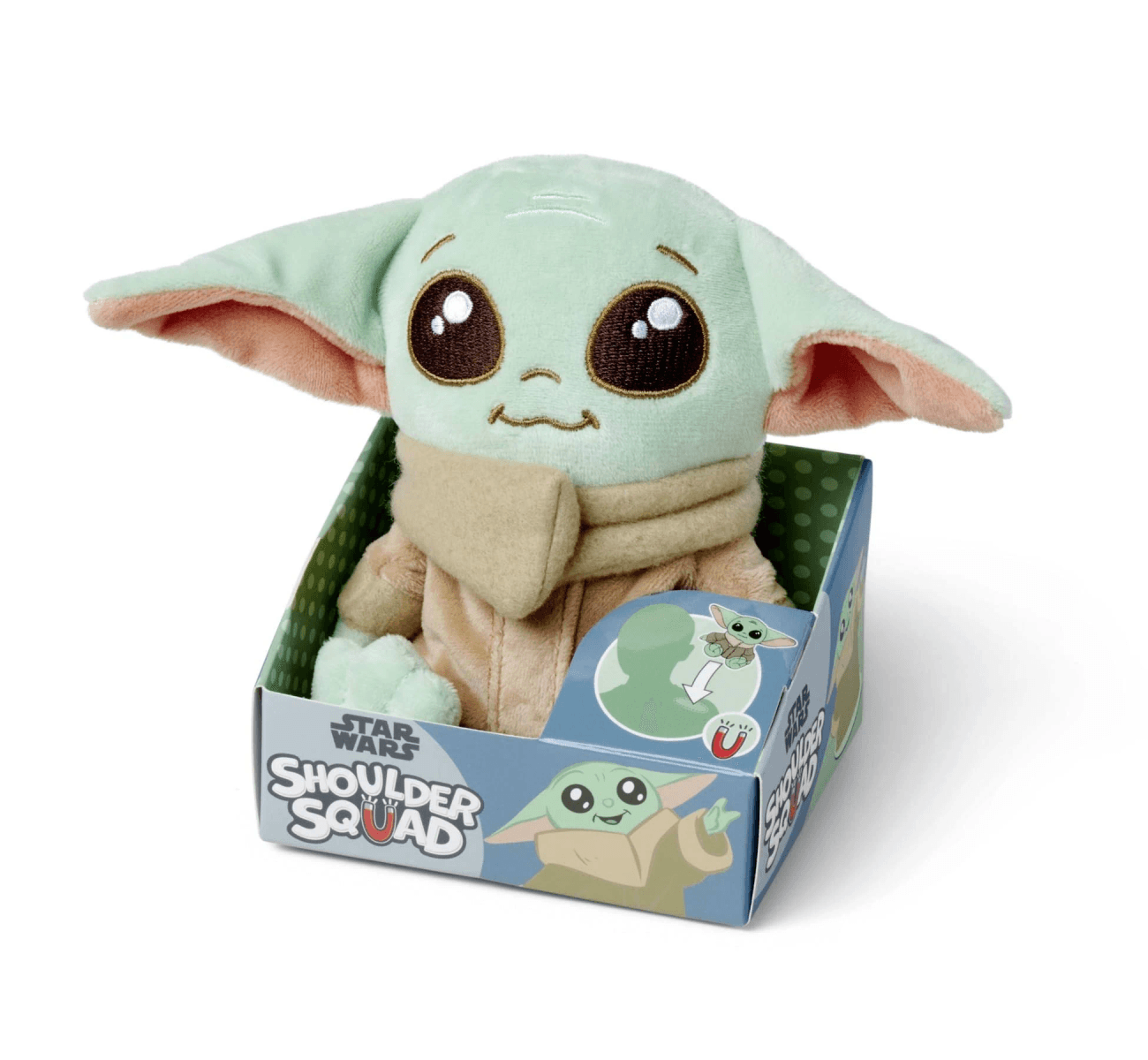 Un peluche de Baby Yoda se sienta dentro de una caja azul de "Star Wars Shoulder Squad".