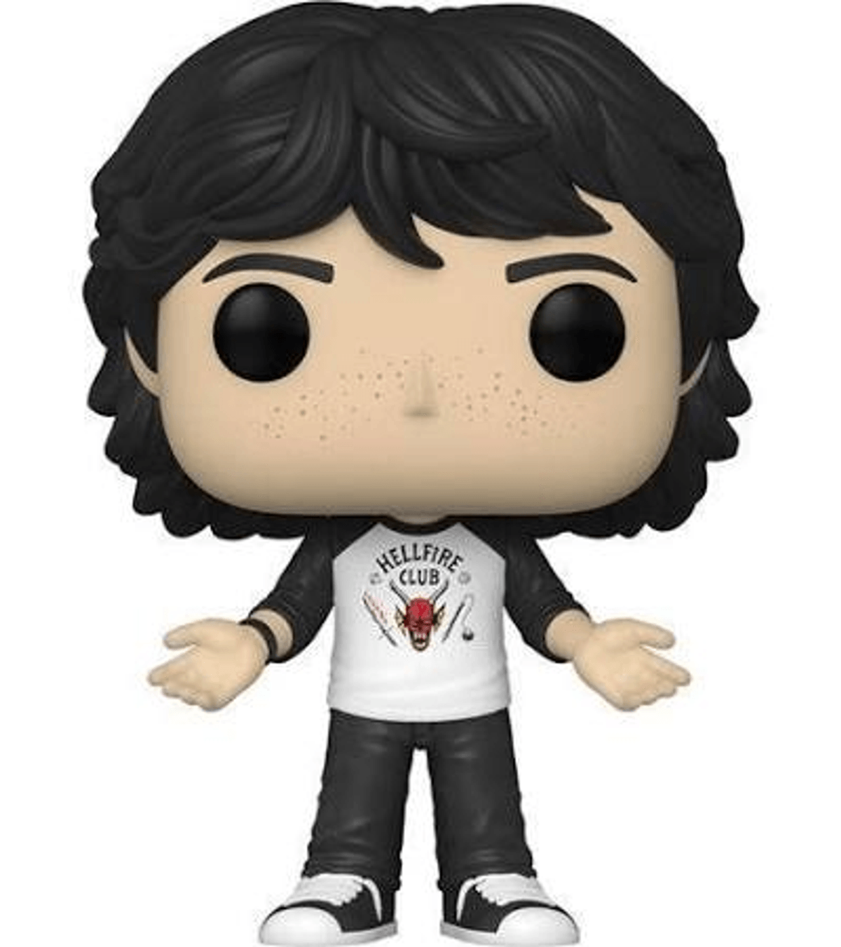 Una figura Funko Pop con pelo negro, pecas y camiseta del Hellfire Club.