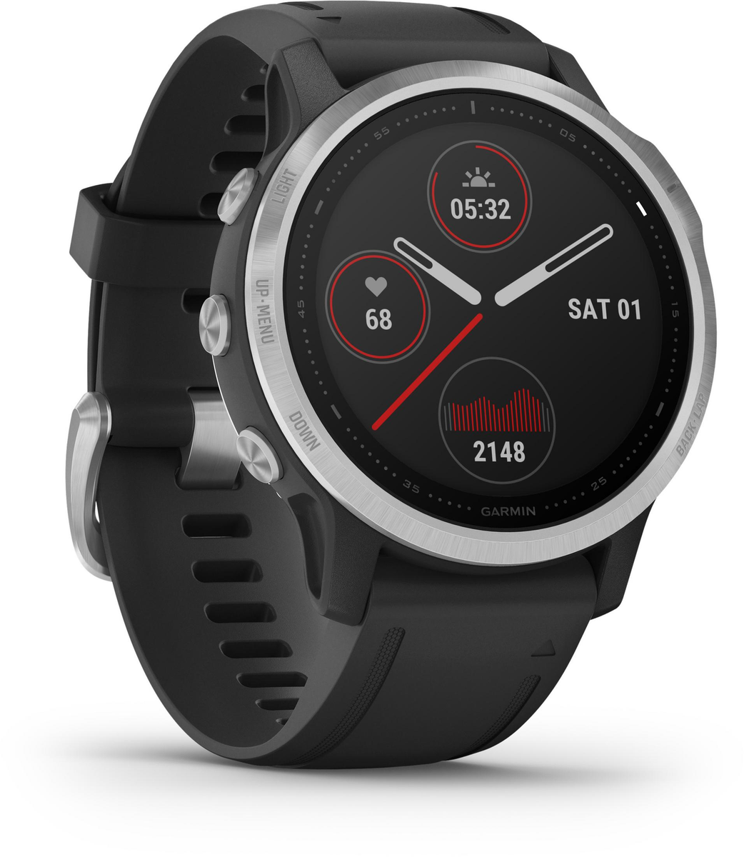 Ein schwarzes Garmin Smartwatch mit silbernem Rand. Zeigt 05:32, 68 Herz und 2148 Schritte.