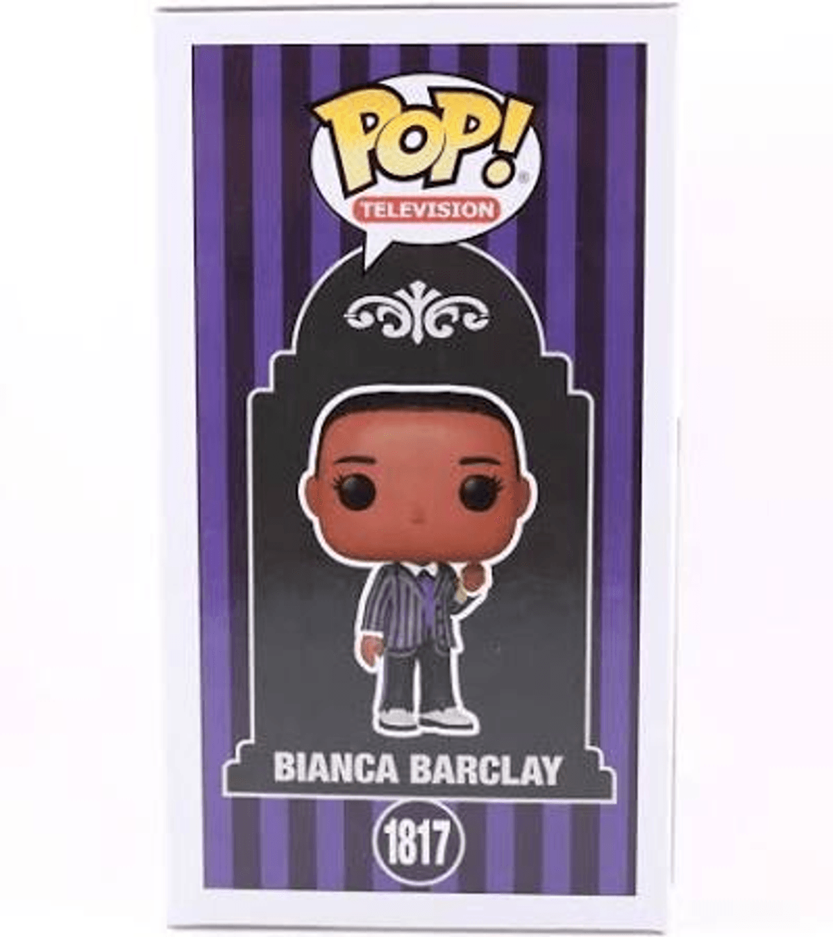 Figura Funko Pop de Bianca Barclay vestida a rayas sobre fondo morado.