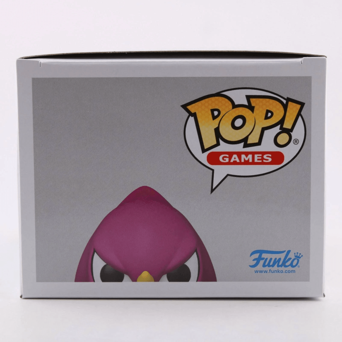 Cabeza de pájaro rosa sobre caja con "Pop! Games" y logo Funko.
