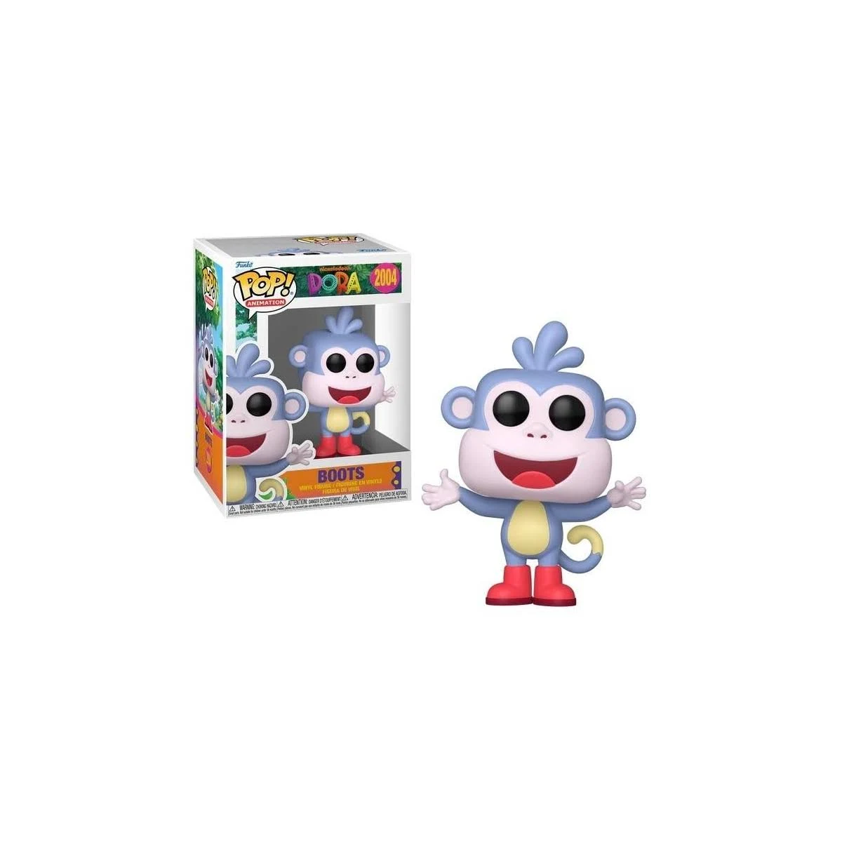 Un mono azul de juguete con botas rojas junto a su caja Funko Pop.