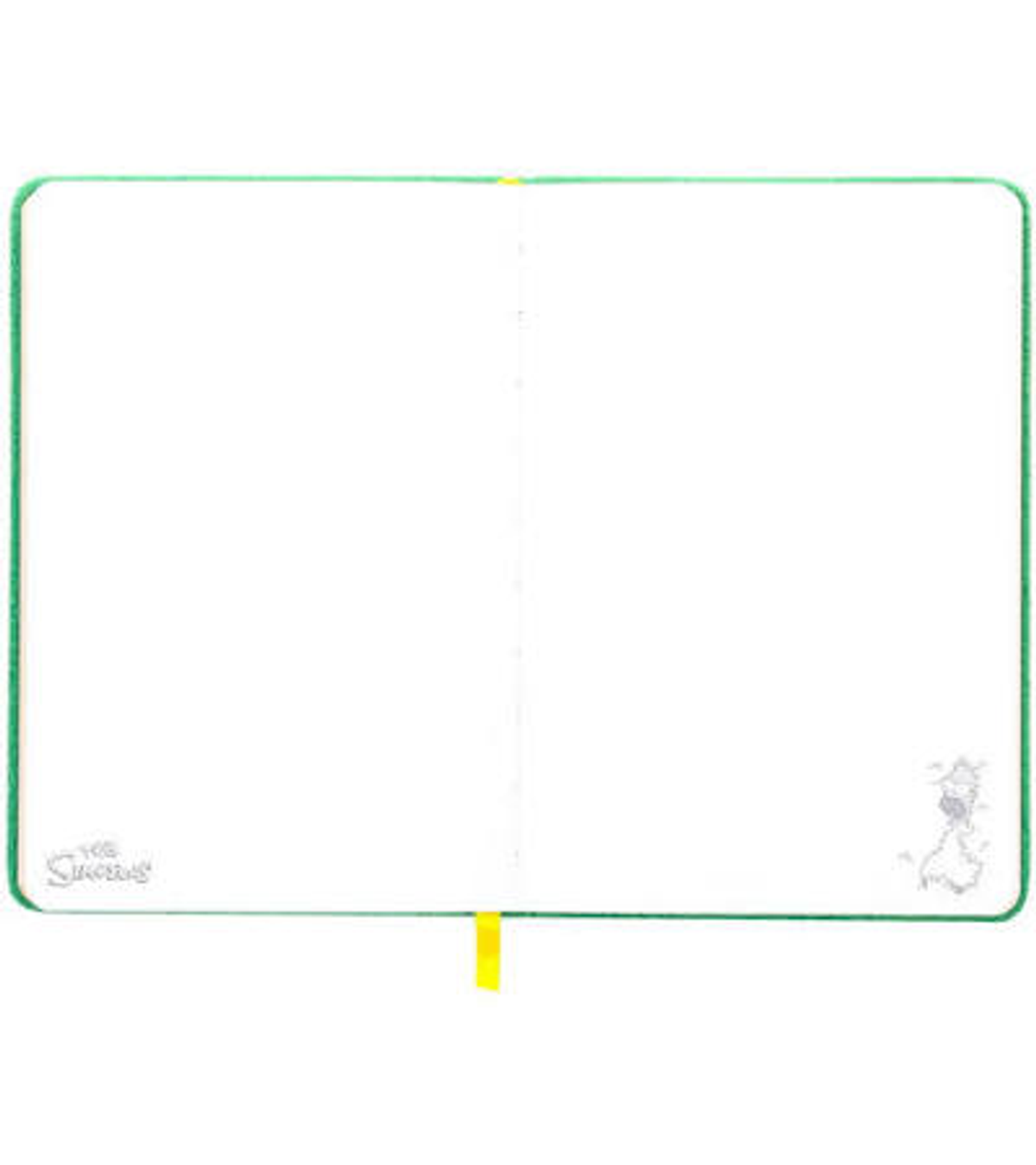 Libreta verde con páginas blancas vacías y marcapáginas amarillo.