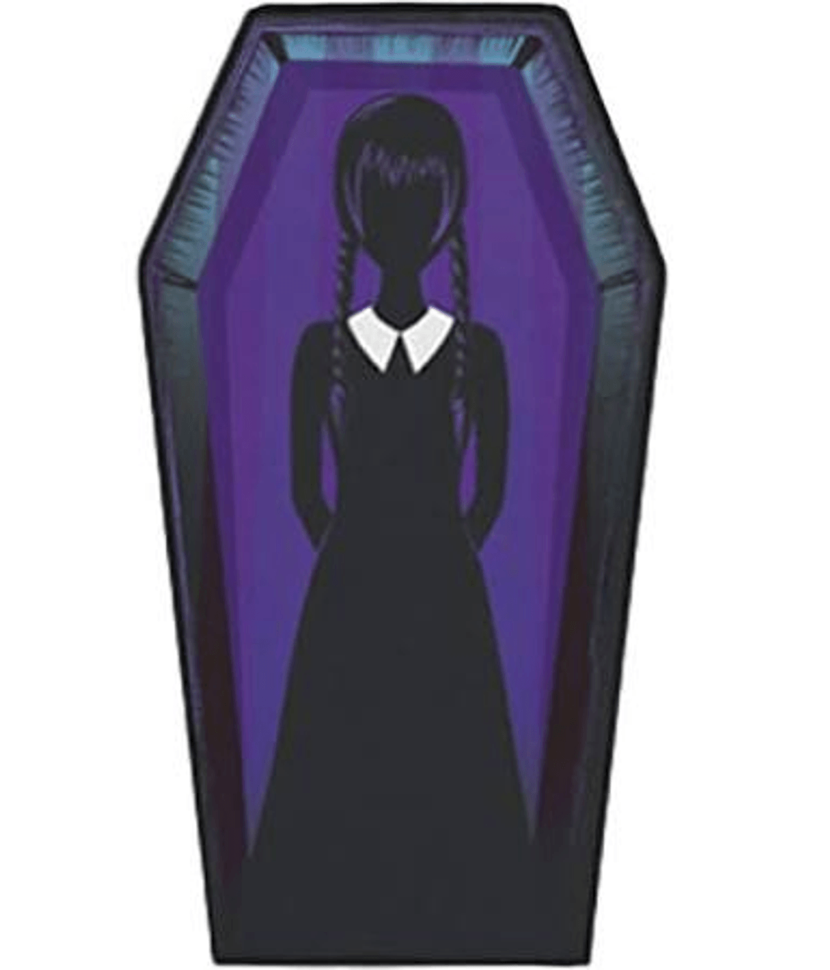 Silueta de una niña en un ataúd con vestido oscuro y cuello blanco.