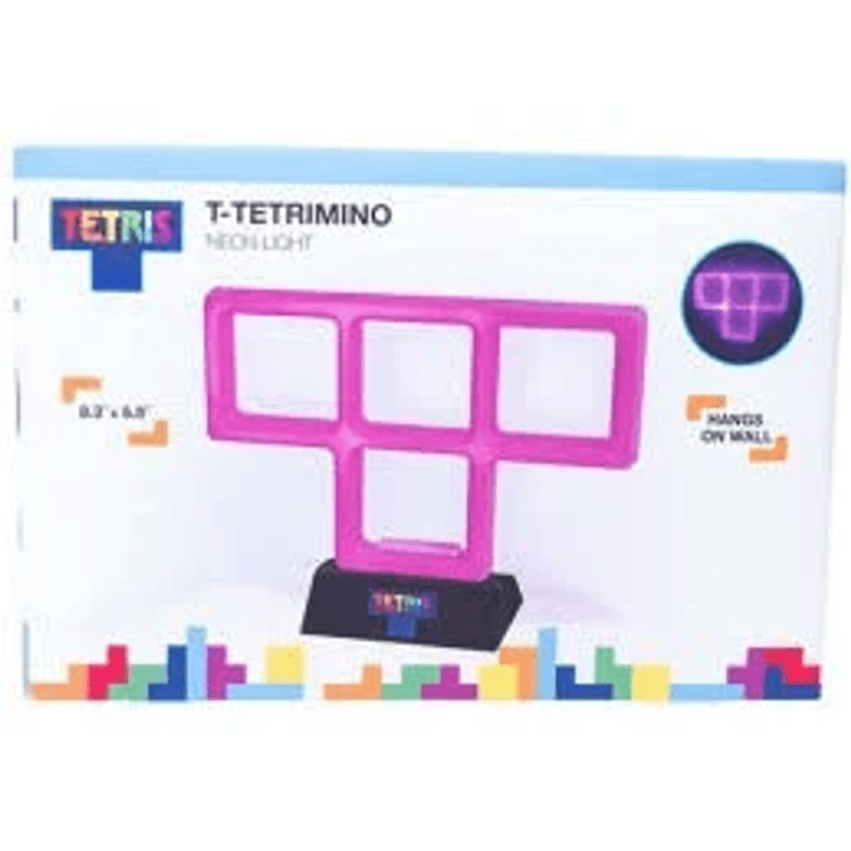 Una lámpara de neón Tetris rosa en forma de T sobre una base negra con logo.