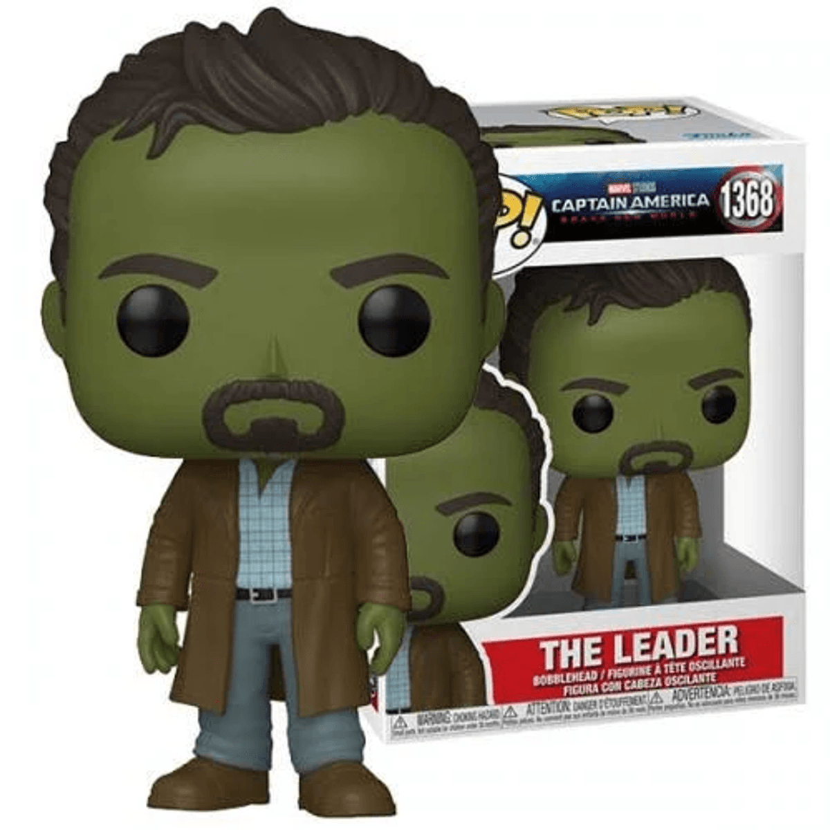 Figura verde con abrigo marrón y camisa a cuadros en caja ventana.