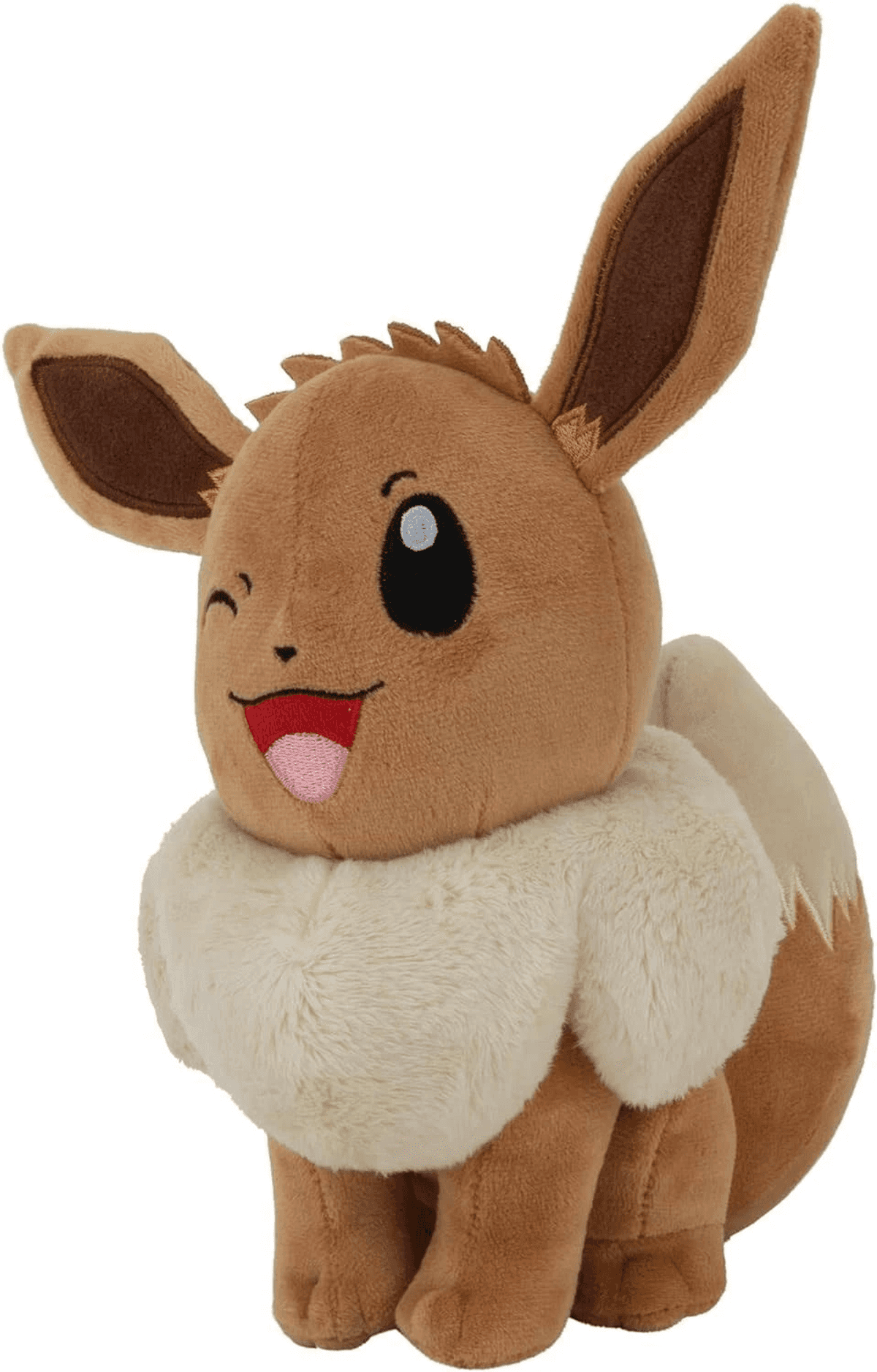 Peluche marrón de Eevee guiñando con la lengua fuera.