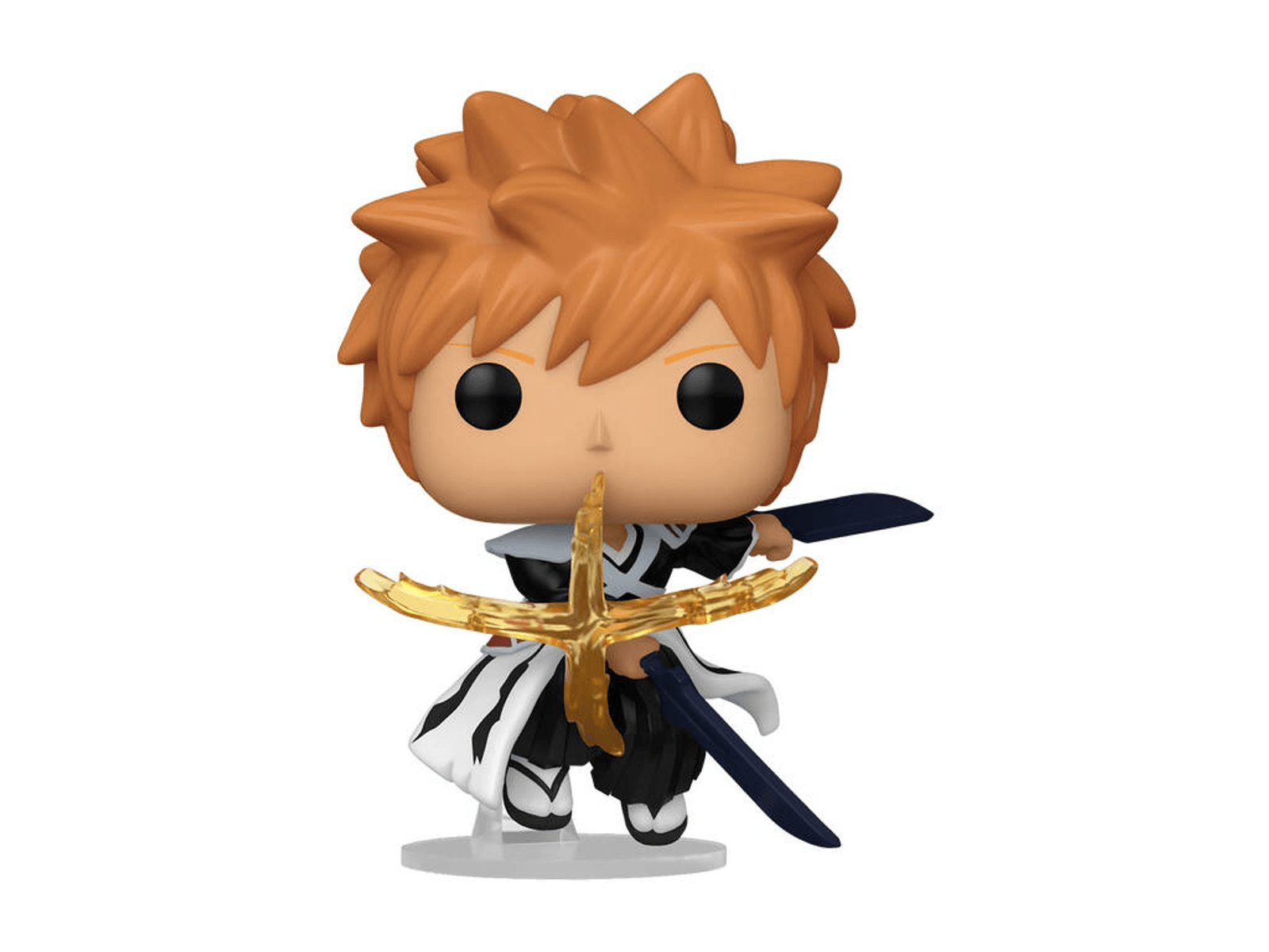 Un Funko Pop! de Ichigo con pelo naranja sosteniendo dos espadas.