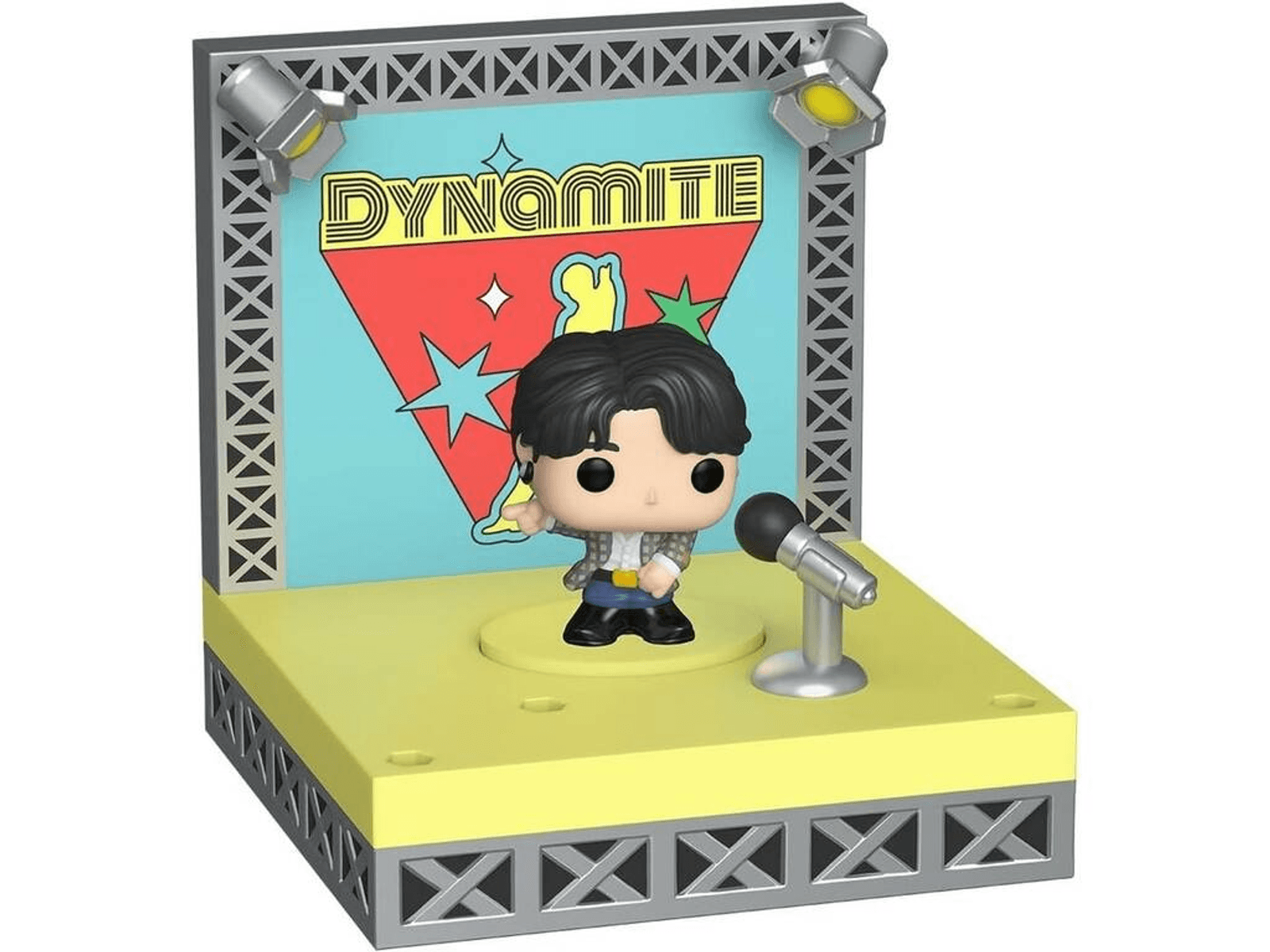 Figura Funko Pop de un cantante en un escenario amarillo con micrófono y 