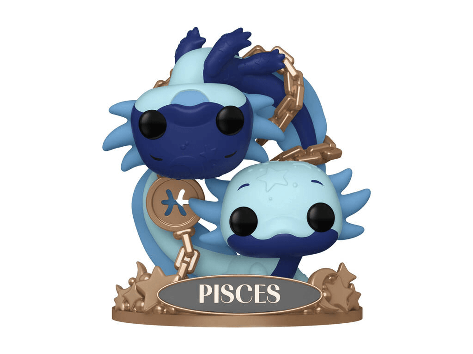 Dos criaturas estilizadas azul y azul claro con un amuleto dorado con el símbolo de Piscis.
