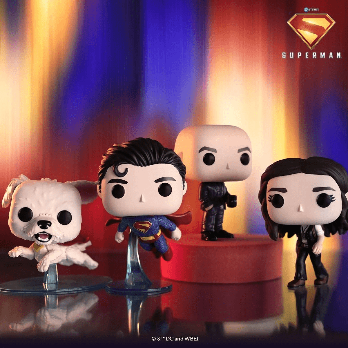 Cuatro figuras de Superman: un perro, Superman, Lex Luthor y Lois Lane.