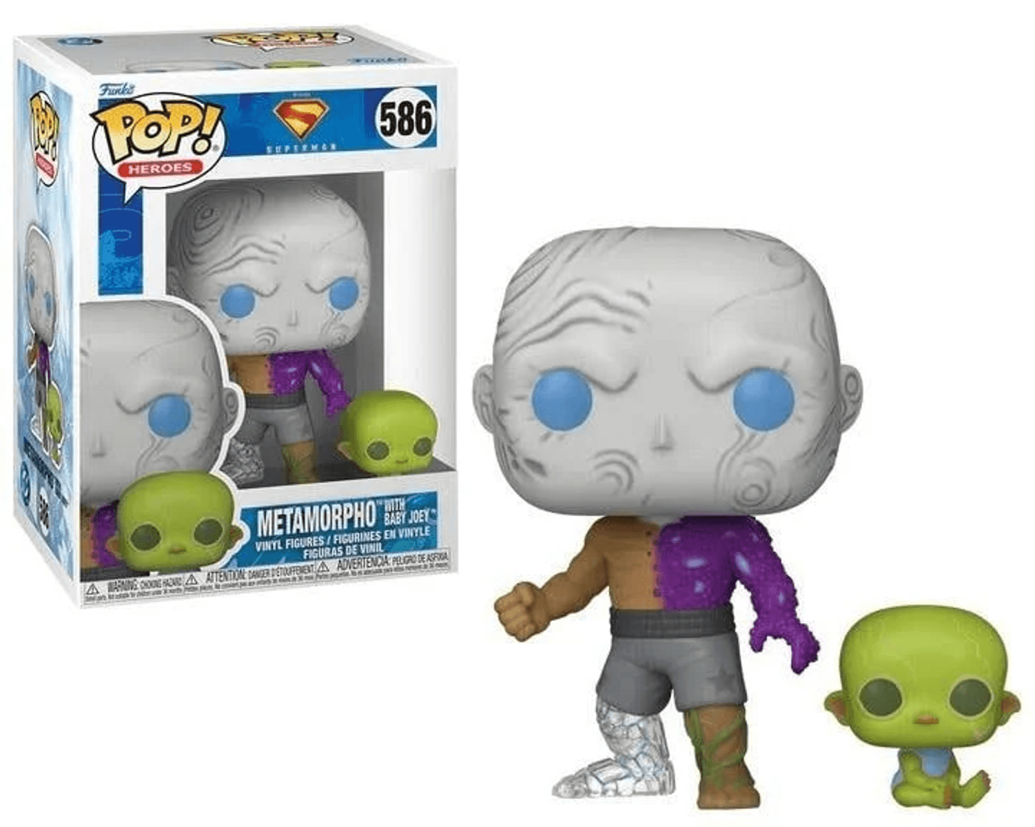 Figuras Funko Pop de Metamorpho y Baby Joey, en caja y separadas.