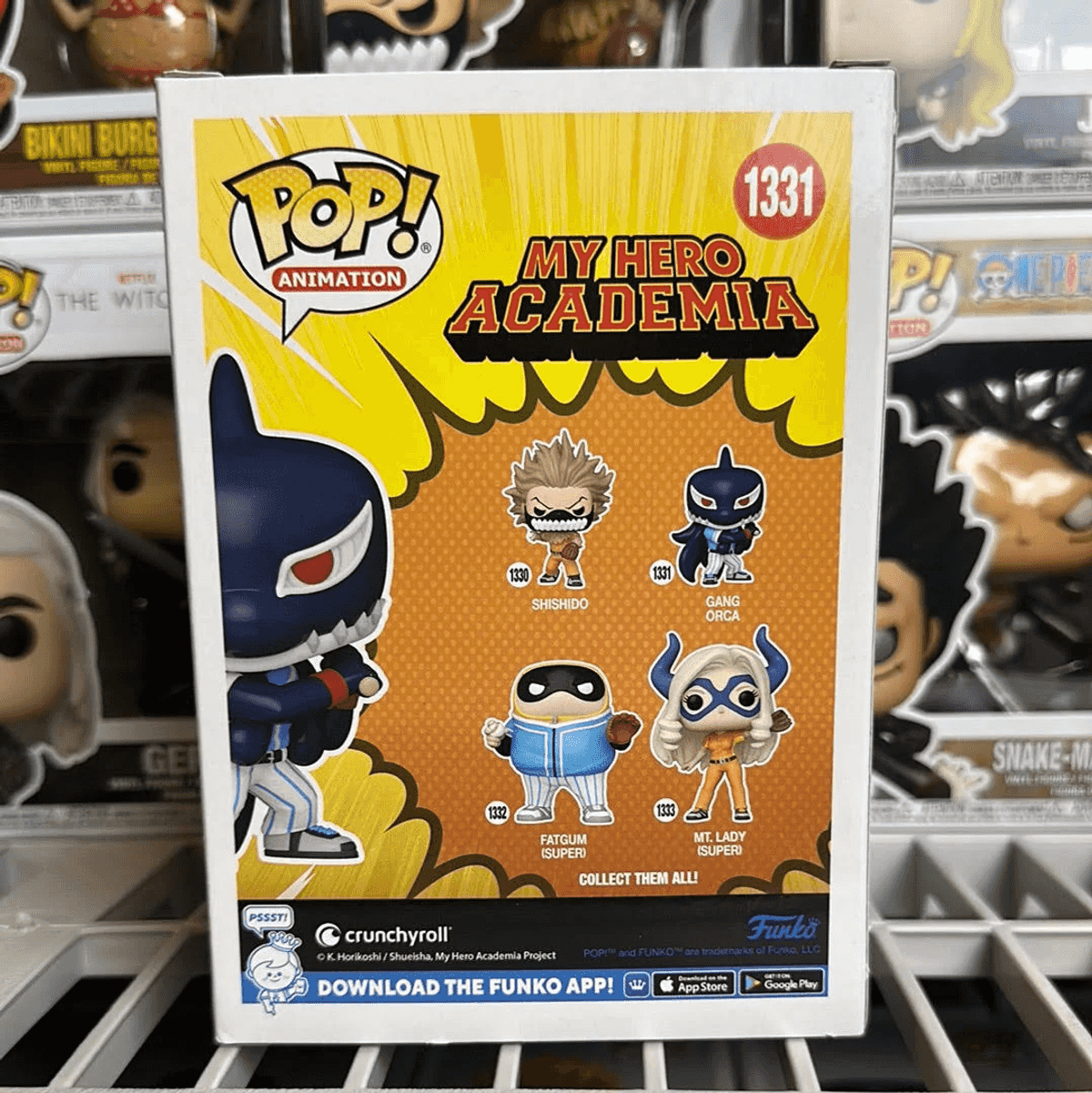 Funko Pop!-Verpackung mit My Hero Academia-Figuren: Shishido, Gang Orca, Fatgum und Mt. Lady.