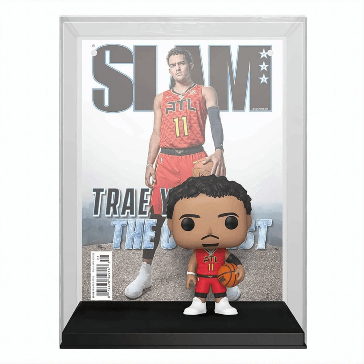 Funko Pop von Trae Young vor einer SLAM-Magazin-Titelstory mit ihm.