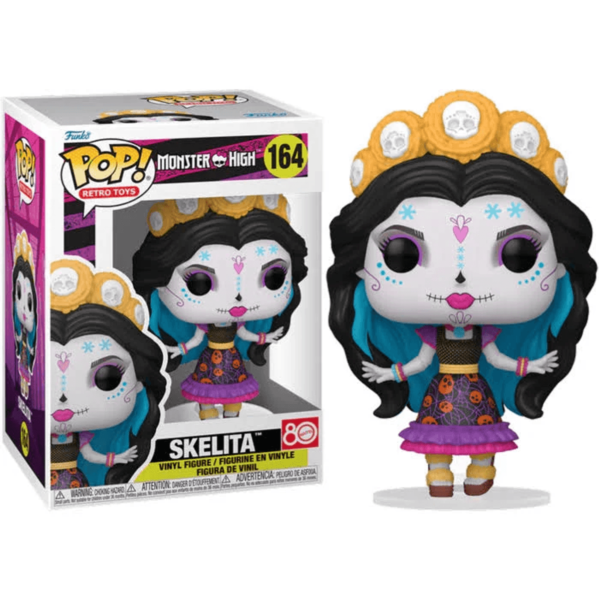 Skelita Funko Pop-Figur mit Totenkopf-Krone und Kürbis-Kleid.