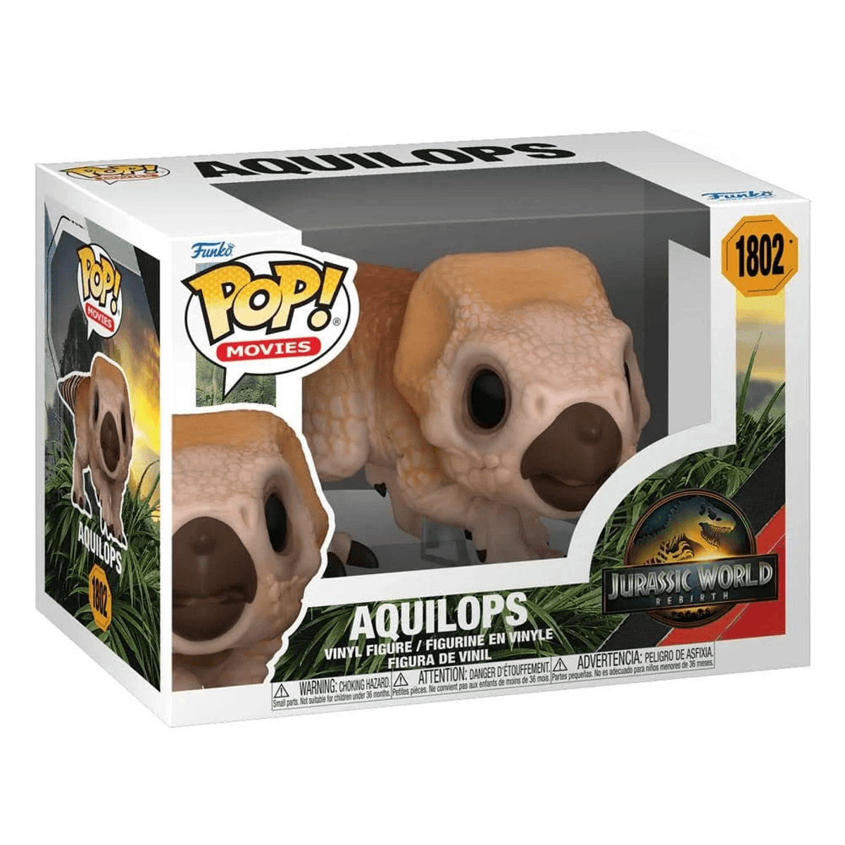Figura de vinilo Funko Pop! Aquilops en caja, tema Jurassic World Rebirth.