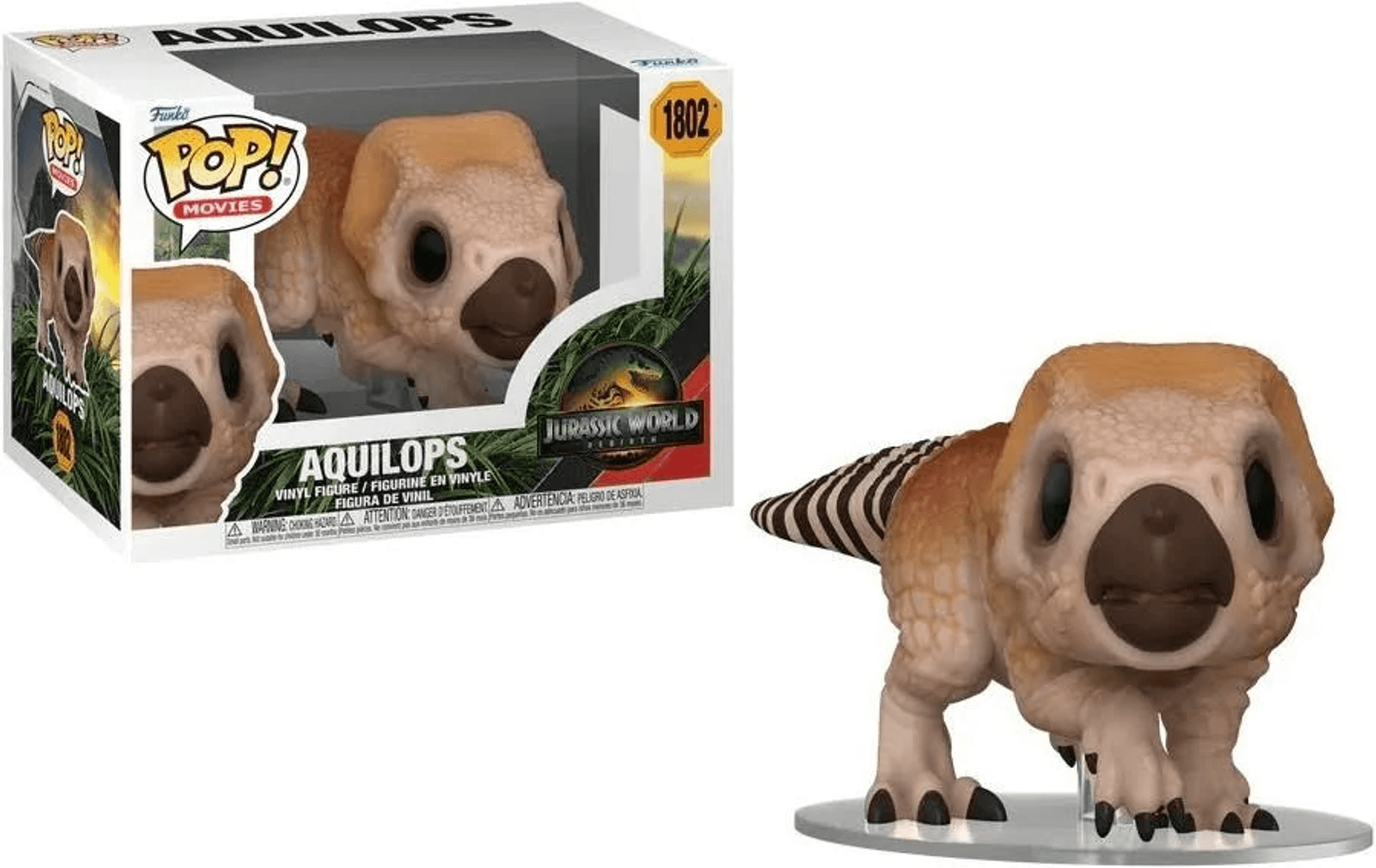 Una figura de vinilo Aquilops Funko Pop! marrón con cola a rayas, junto a su caja.