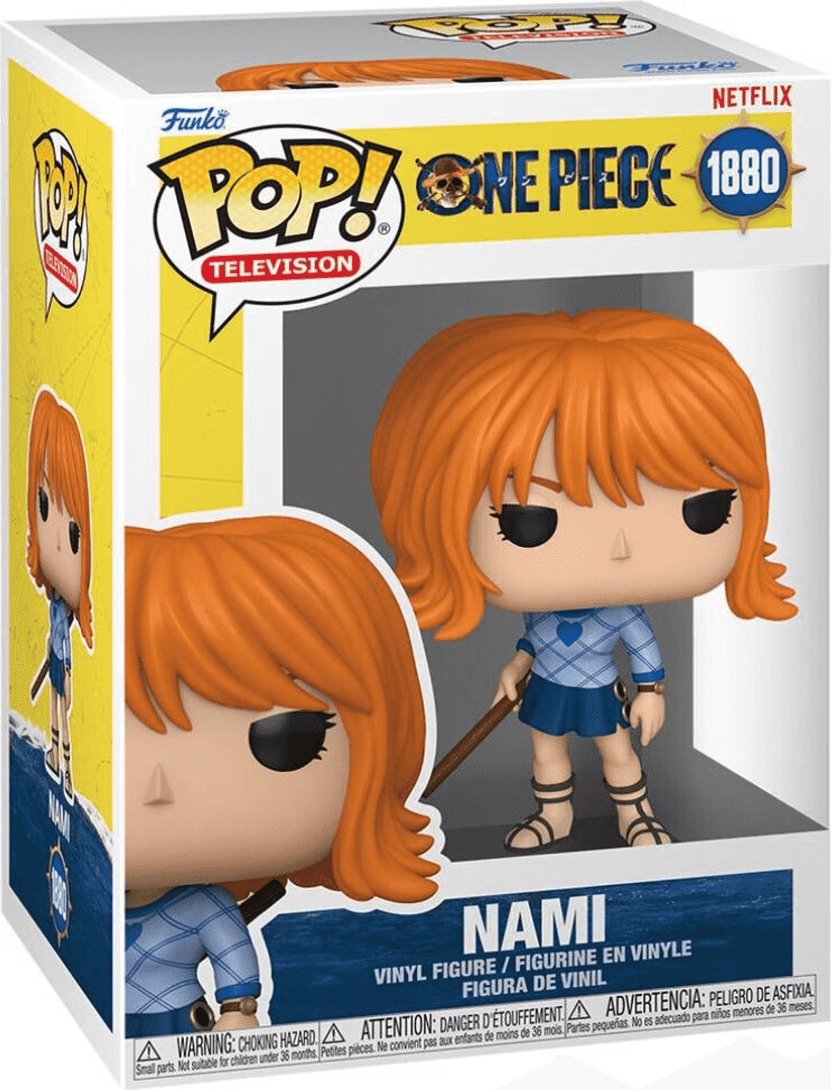 Funko Pop! Vinyl Figur von Nami aus One Piece im Karton. Sie hat orangefarbene Haare und trägt ein blaues kariertes Oberteil.