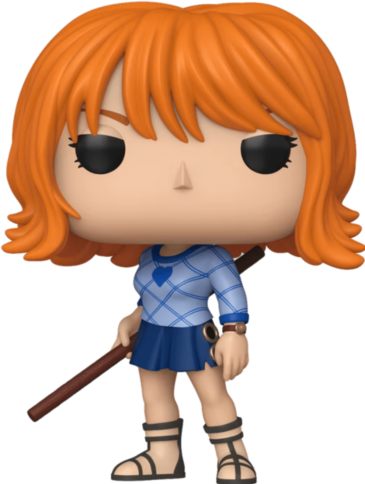 Funko Pop Figur von Nami mit orangefarbenem Haar, blau kariertem Hemd, blauem Rock, Stab.