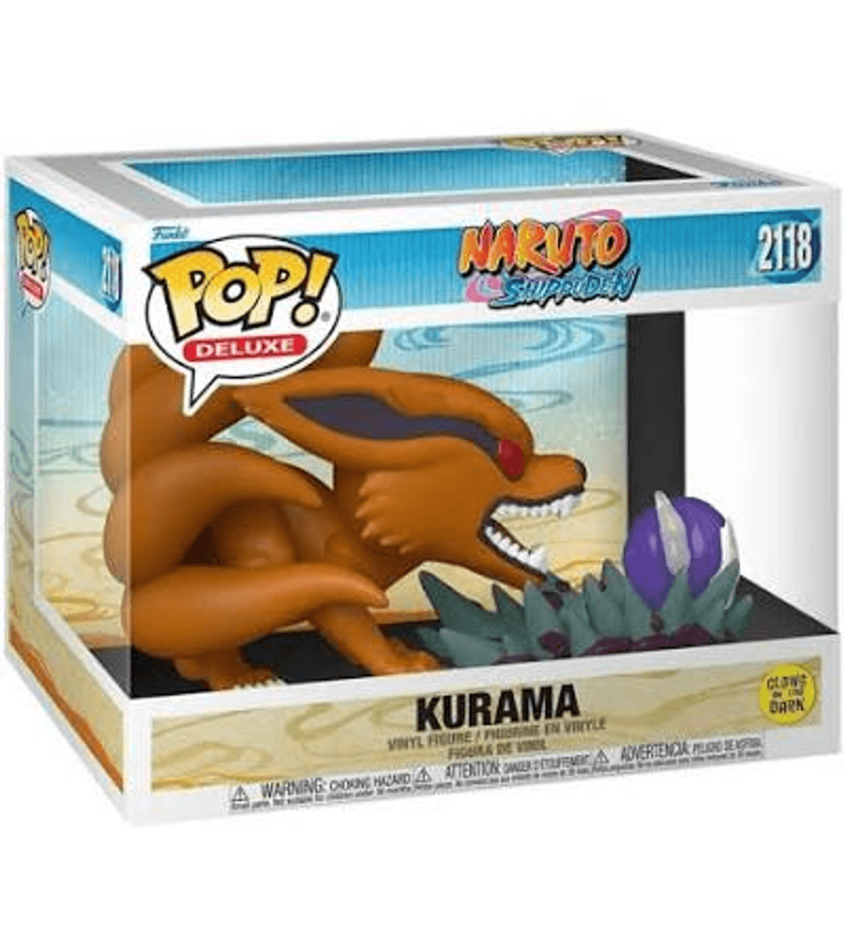 Una figura Funko Pop! deluxe naranja de Kurama de Naruto Shippuden en su caja.