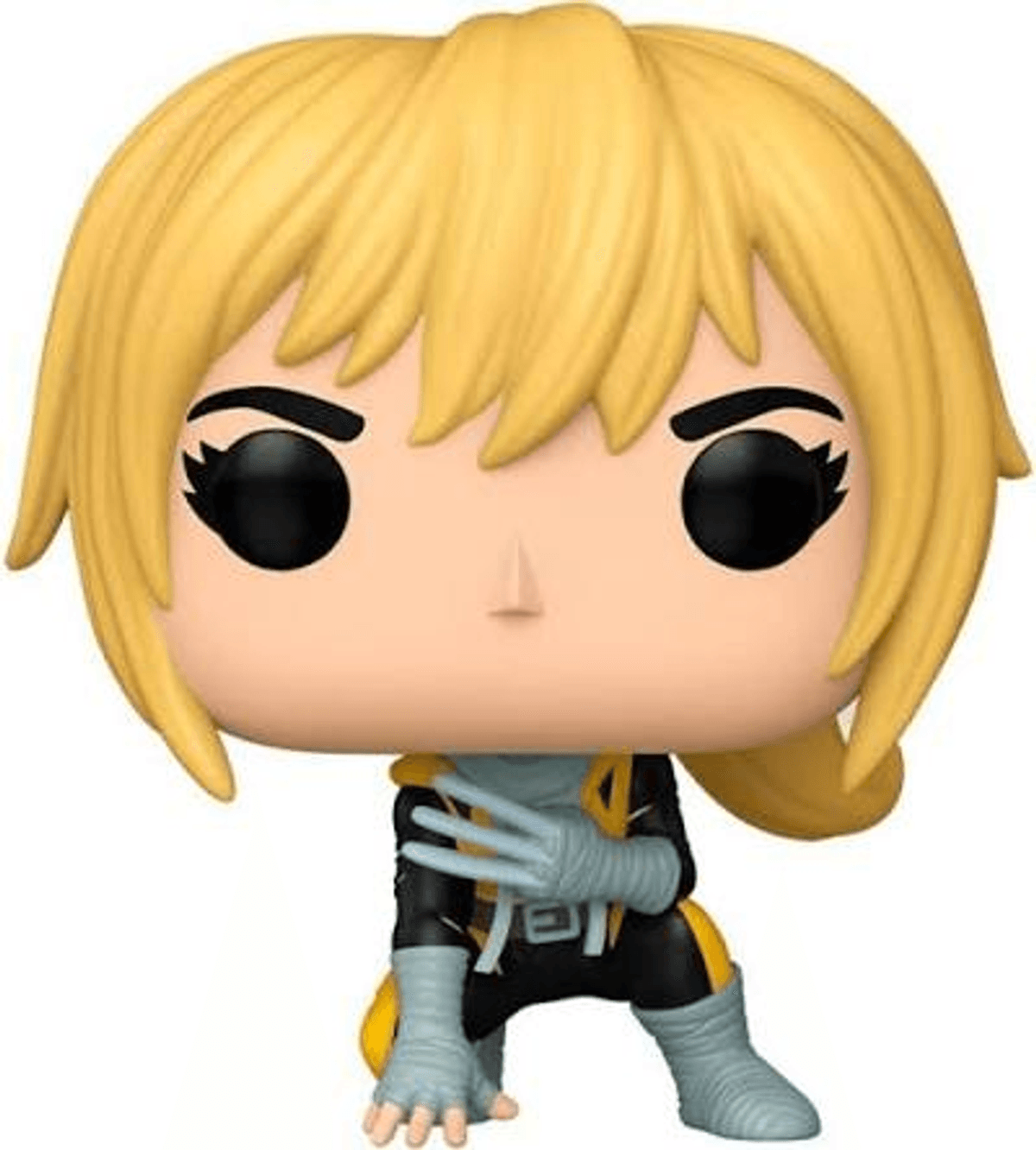 Una figura Funko Pop de pelo rubio, con traje negro y amarillo, en pose de cuclillas.