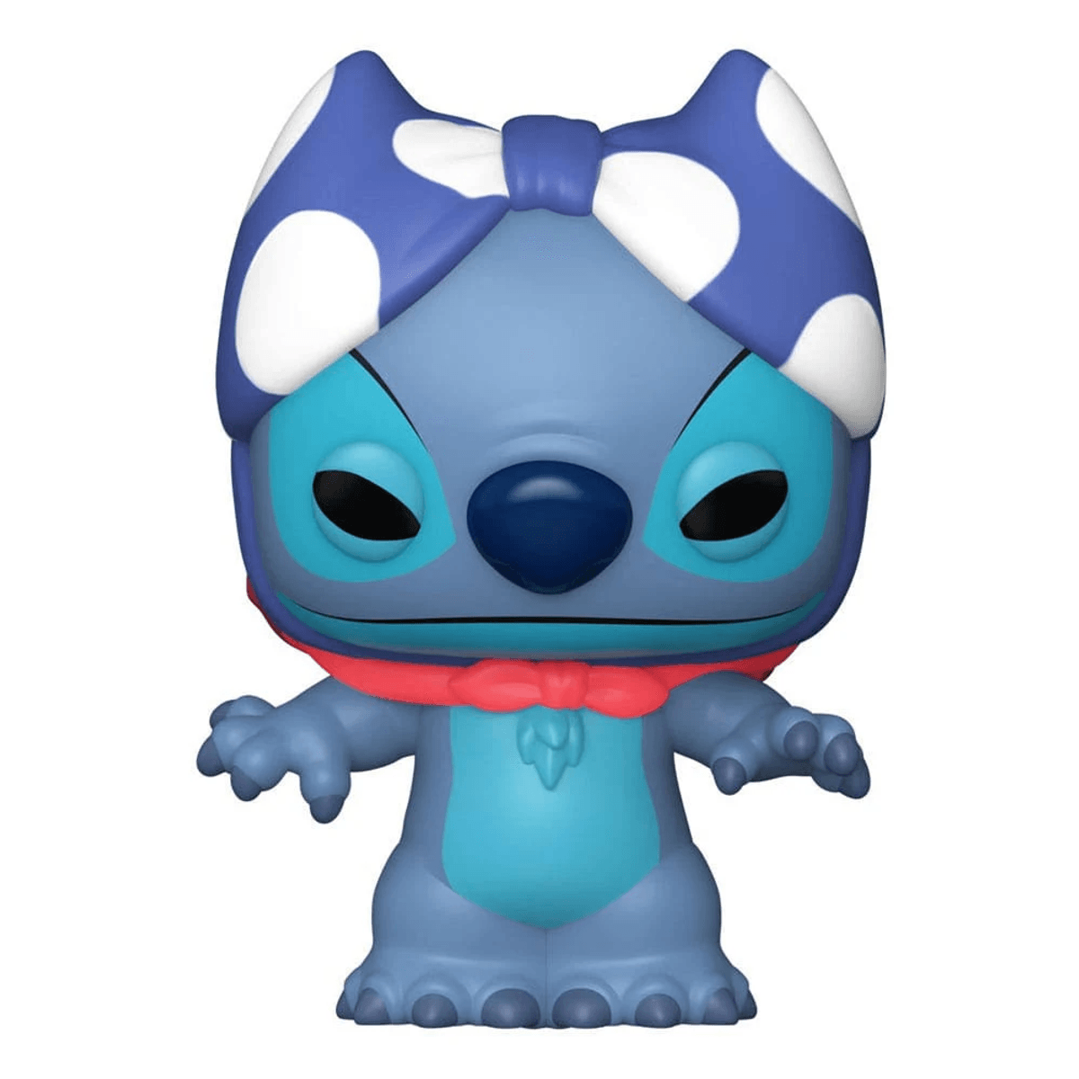 Figura azul de Stitch con lunares blancos y bufanda roja, lleva diadema de lazo azul.