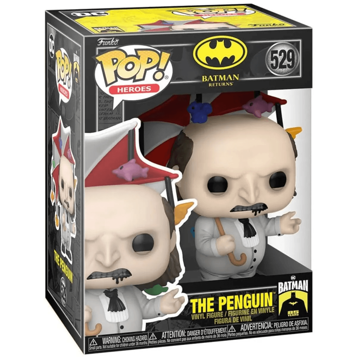 Funko Pop! del Pinguino da Batman Returns, con ombrello e pinguini giocattolo.