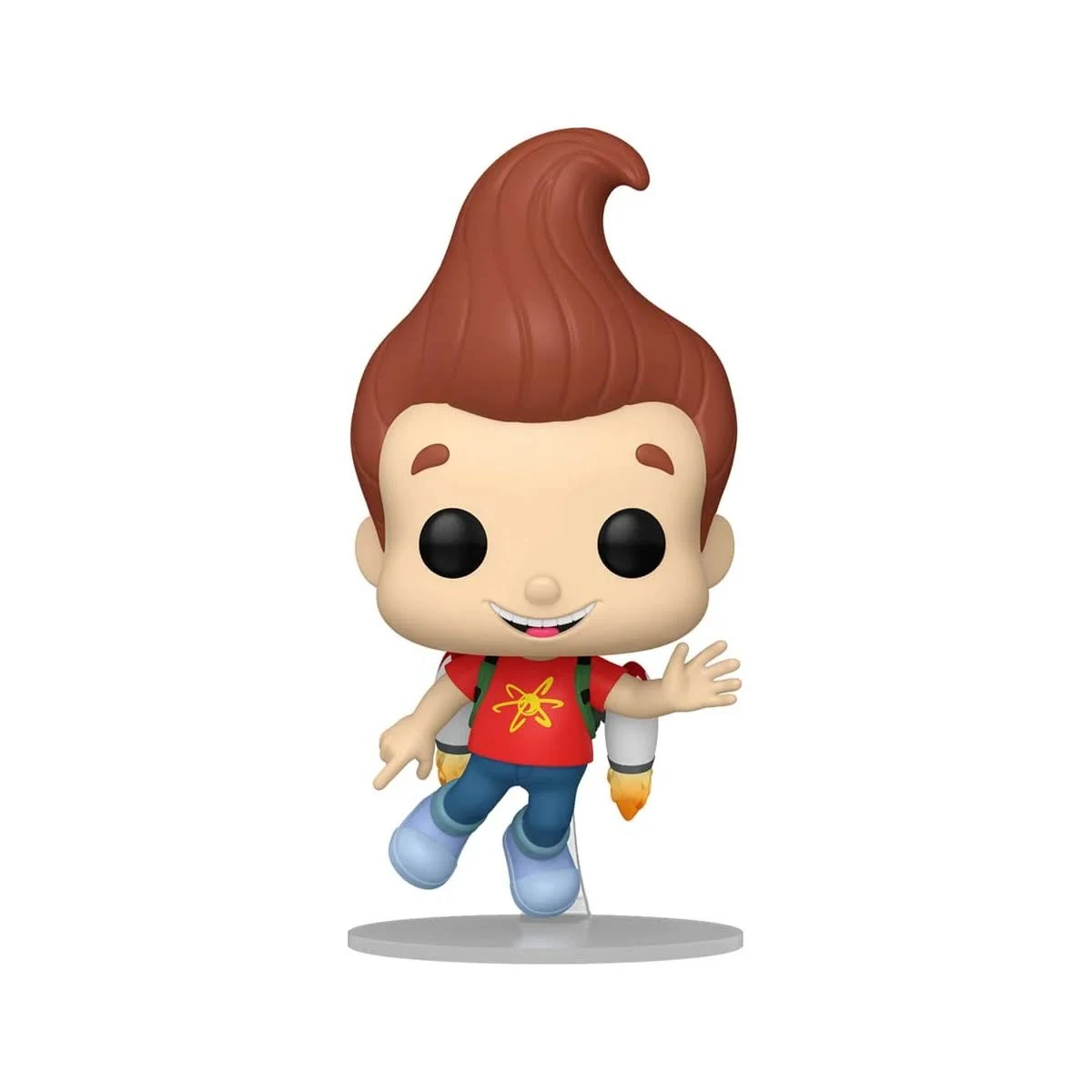Figura de Jimmy Neutrón con mochila cohete y camiseta roja.
