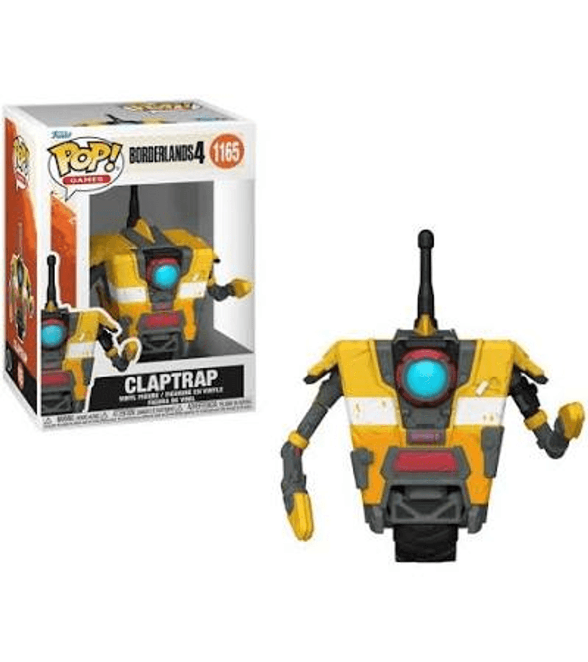Robot amarillo Claptrap de Borderlands 4 con lente azul, junto a su caja.