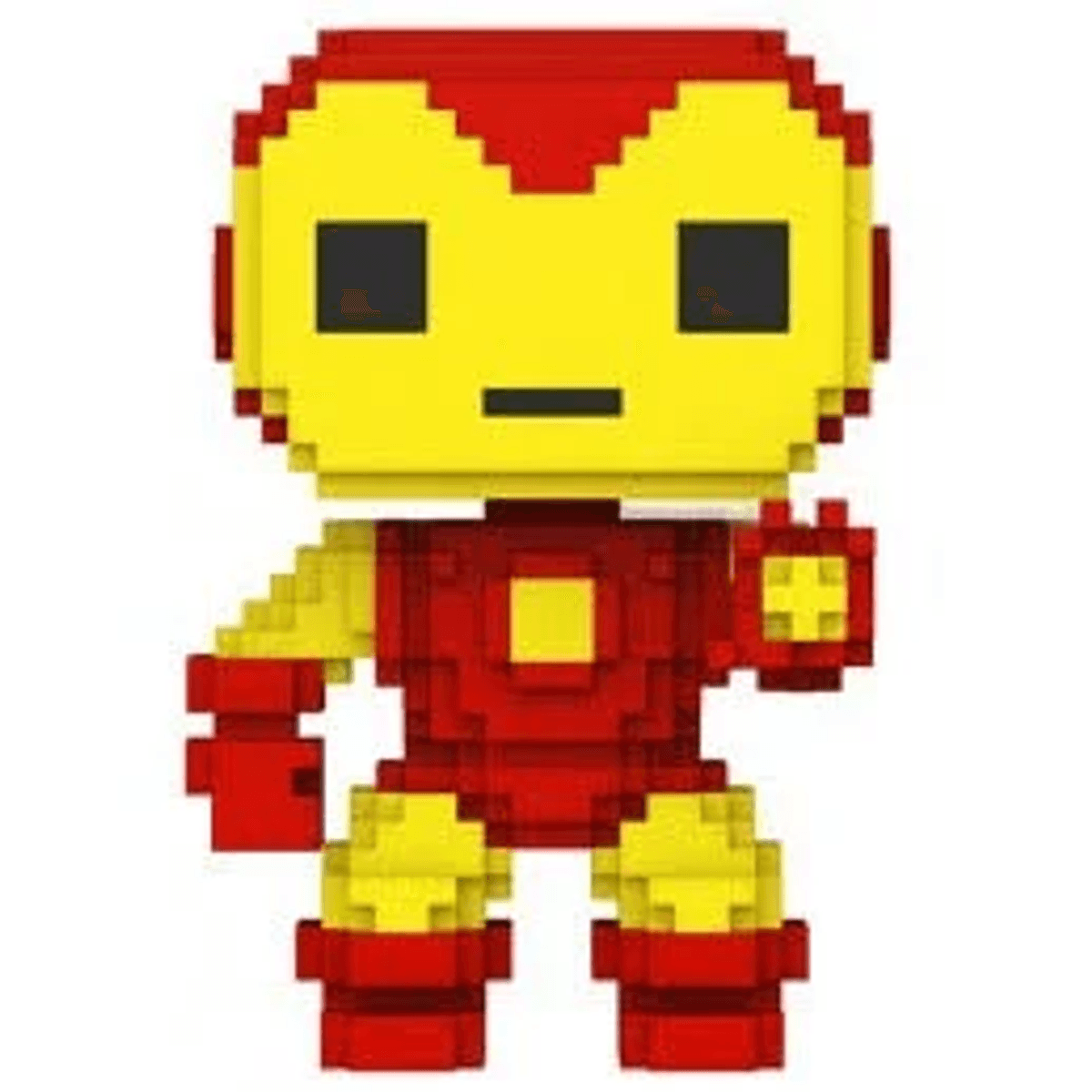 Iron Man de píxeles en rojo y amarillo con cara negra.