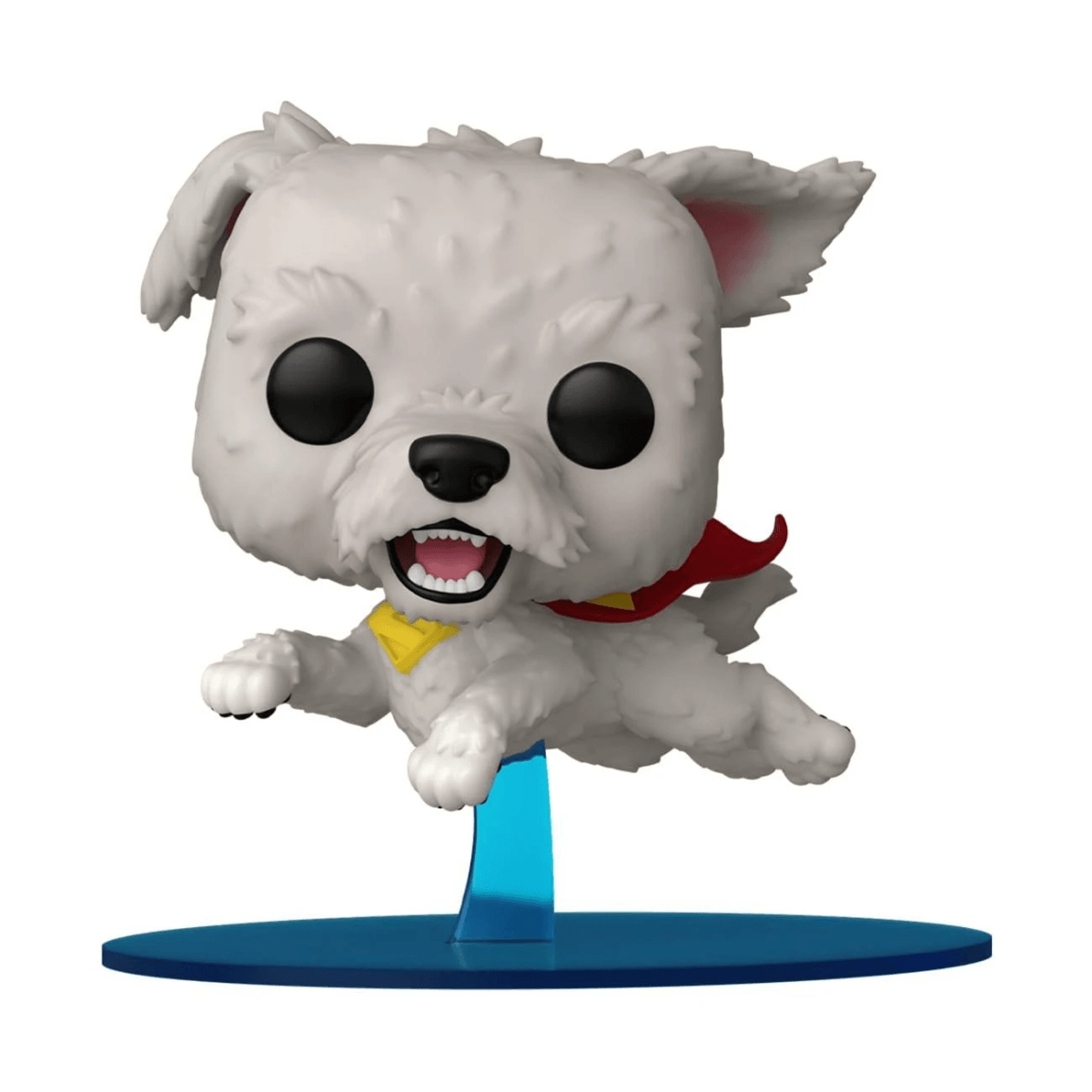 Un perro blanco con capa roja y escudo amarillo sobre un soporte azul.