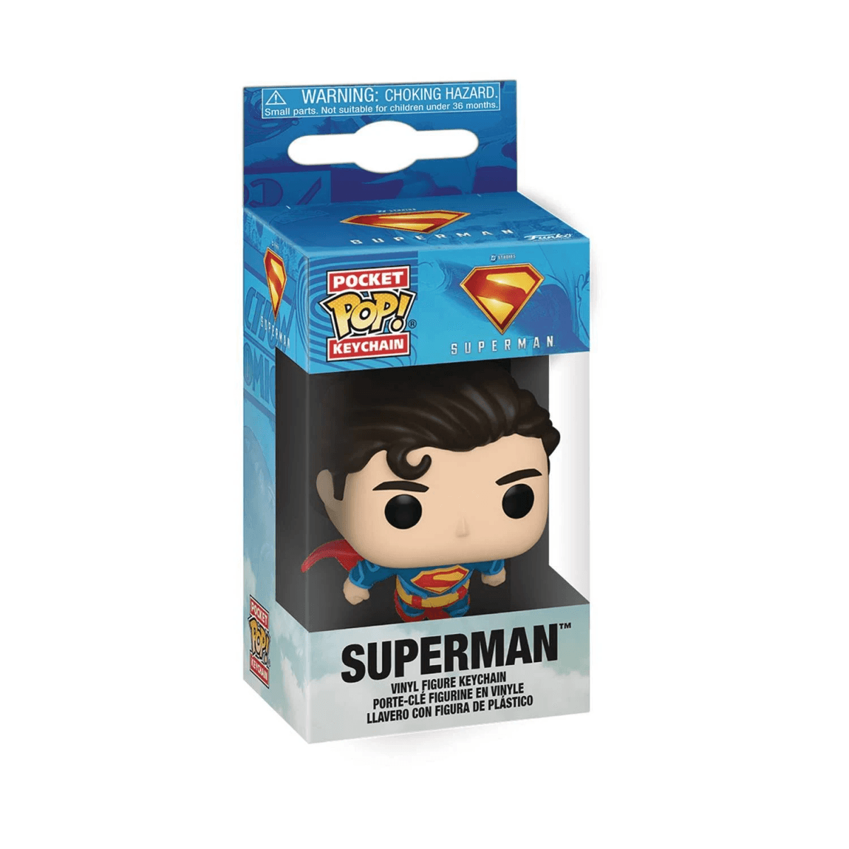 Un llavero Funko Pop! de Superman en una caja azul con advertencias.