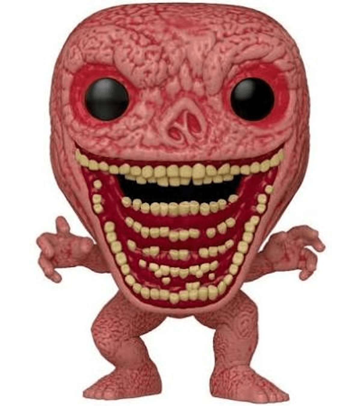 Ein gruselfigur-Spielzeug mit Gehirn-Kopf, roten Augen und einem breiten Mund mit vielen Zähnen.