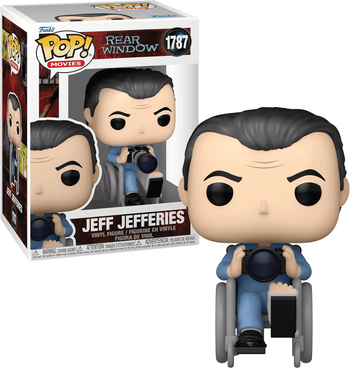 Figura Funko Pop! de Jeff Jefferies en silla de ruedas con cámara.