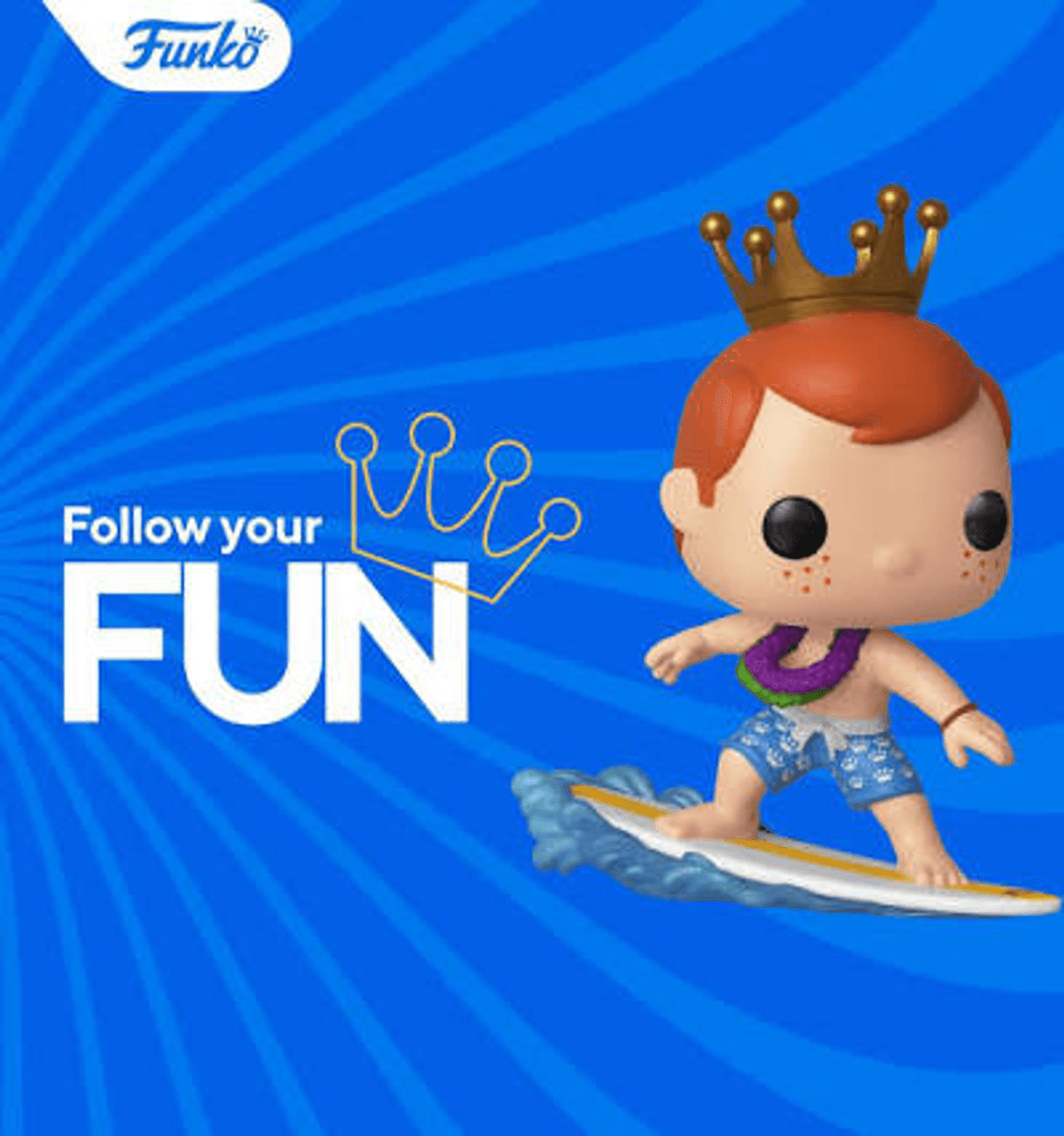 Funko-Figur eines Königs auf einem Surfbrett mit Krone und Leilani.