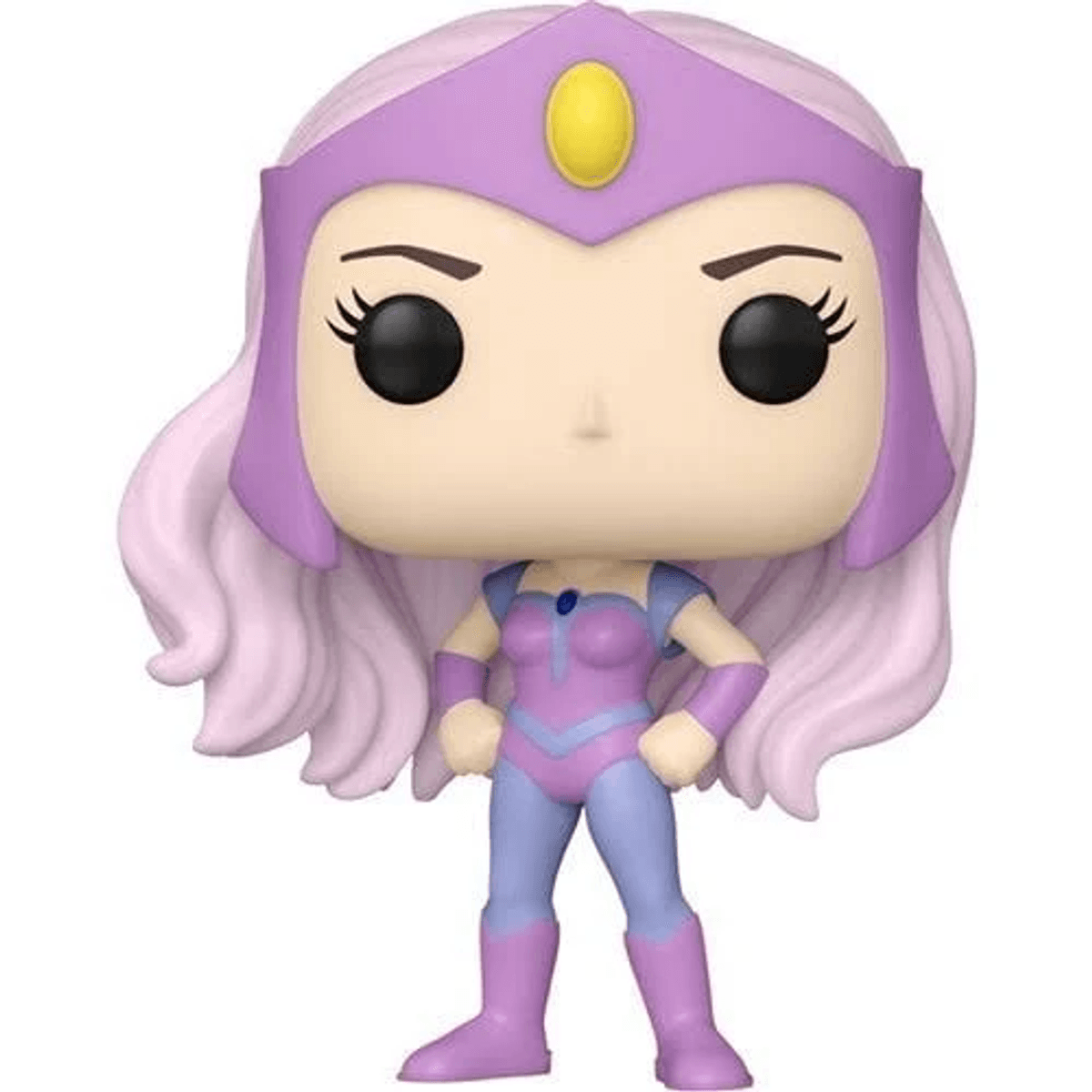 Una figura Funko Pop! de mujer con pelo morado, tiara y traje azul y morado.