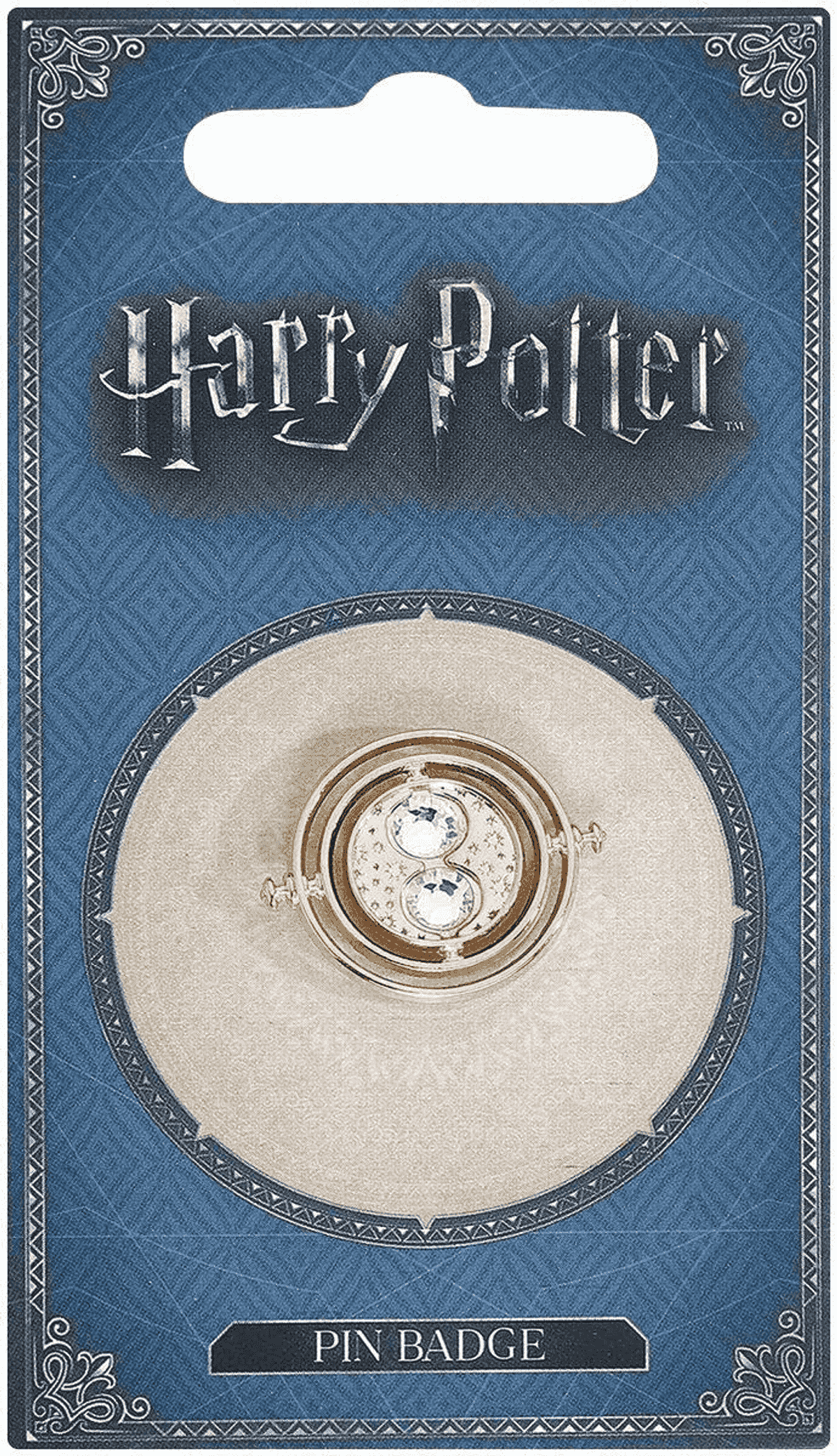 Pin de Harry Potter diseñado como un reloj de arena con cristales sobre fondo azul.