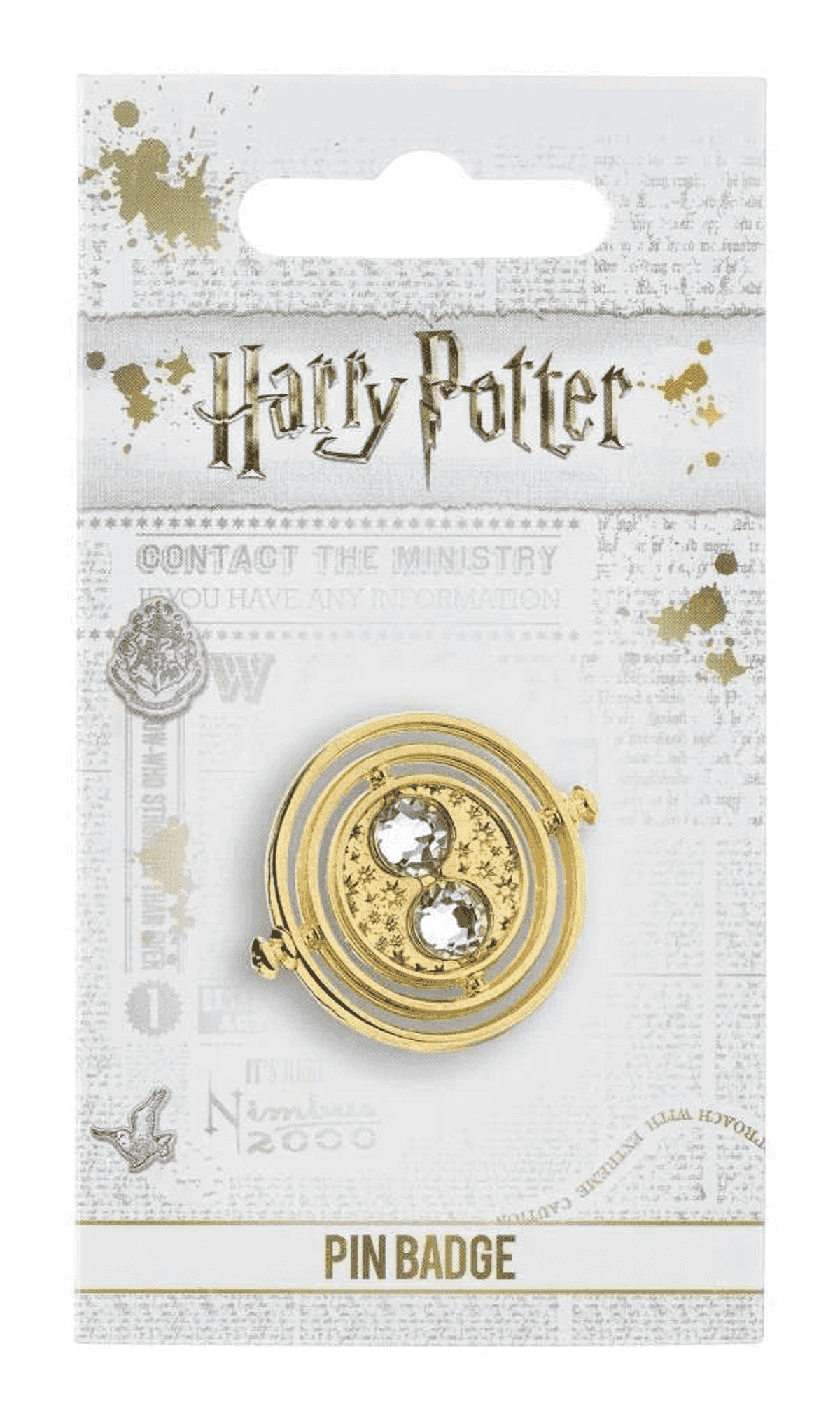 Pin dorado de Harry Potter con forma de Giratiempo y dos cristales.