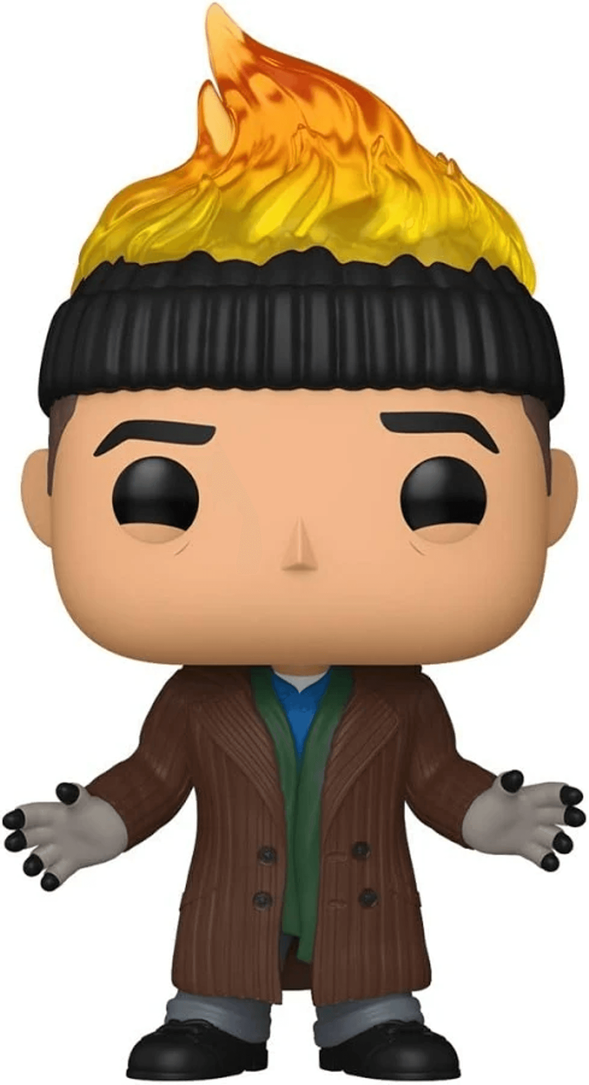 Figura con gorro negro y pelo de fuego. Viste abrigo marrón y guantes grises.