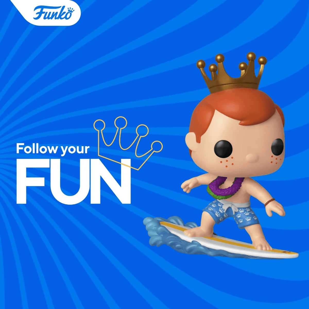 Un personaje Funko Pop con corona y collar hawaiano surfea en una tabla.