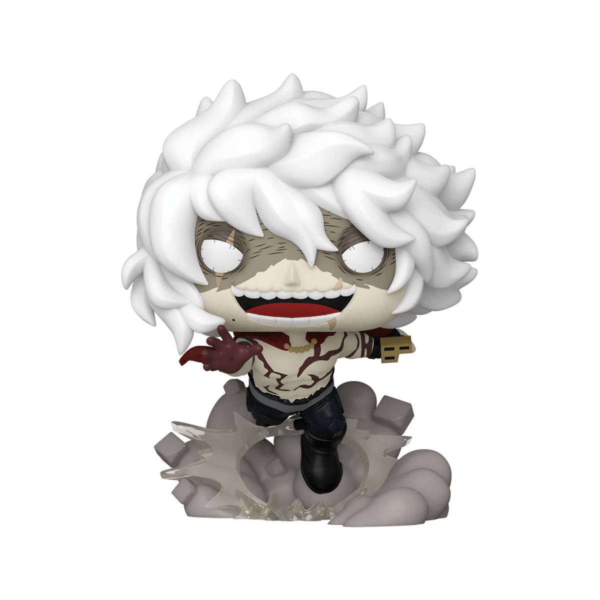 Una figura de pelo blanco, ojos pálidos y sonrisa amplia sobre una base rota.
