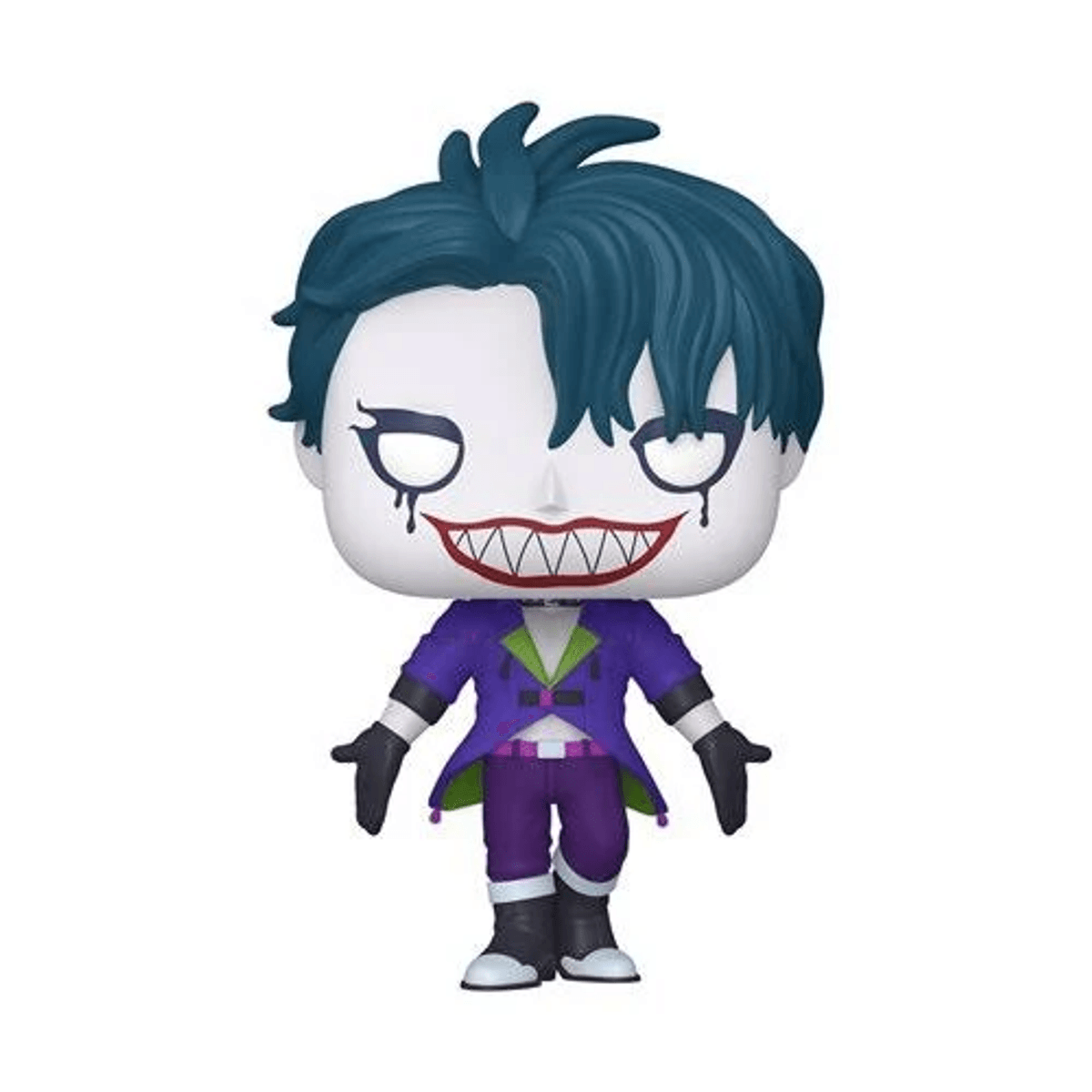 Figura Funko Pop del Joker con pelo verde azulado, cara blanca, ojos negros, sonrisa roja, traje morado.