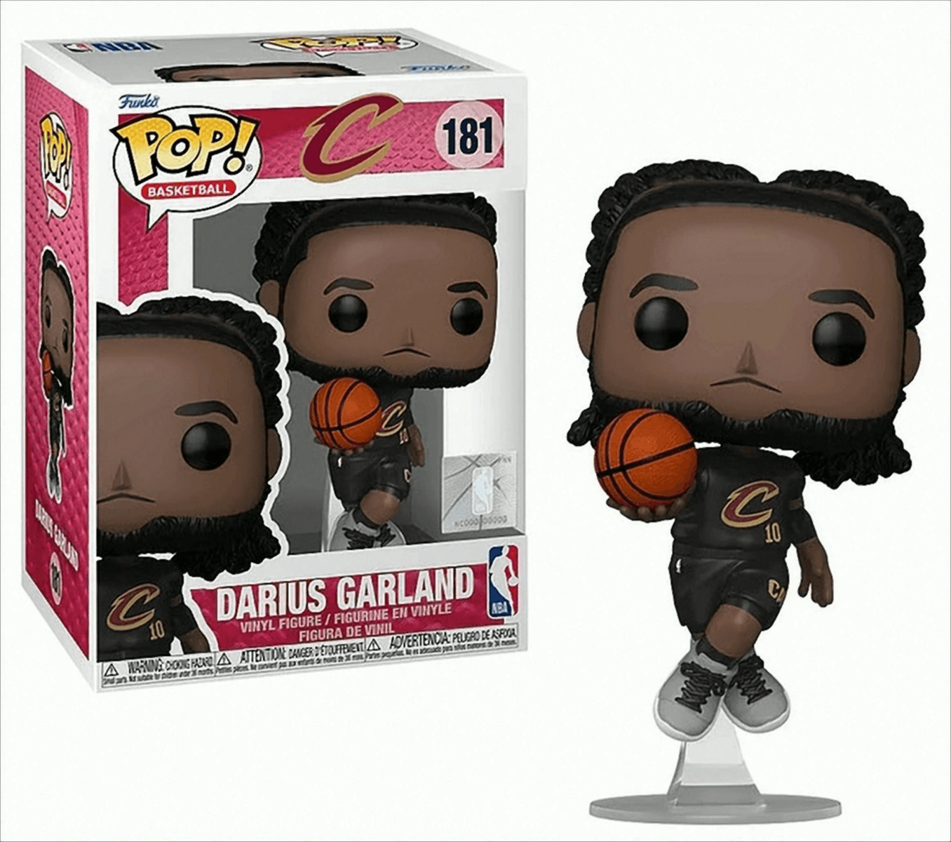 Funko Pop! Figur von Darius Garland mit Basketball, in Verpackung und freistehend.