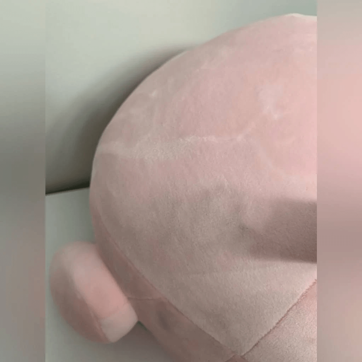 Un artículo de peluche suave y rosa con forma redondeada y una pequeña parte adjunta.