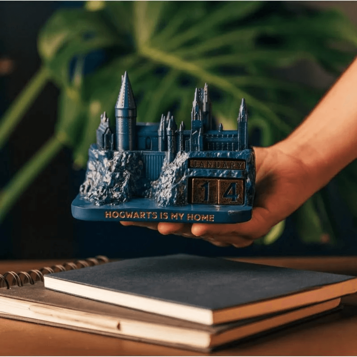 Un hombre sostiene un calendario azul del castillo de Hogwarts que dice 'Hogwarts is my Home'.