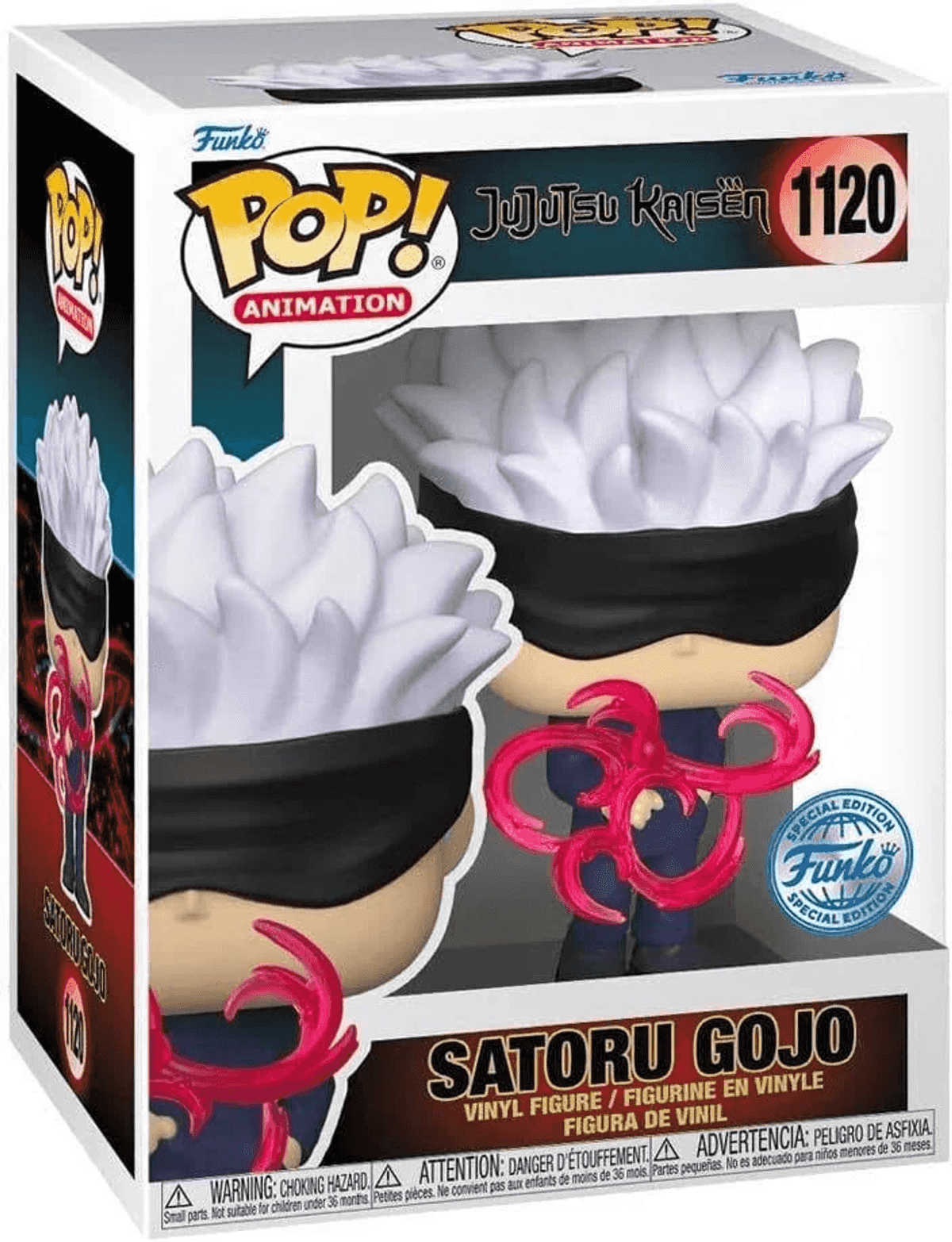 Figura Funko Pop! Satoru Gojo de Jujutsu Kaisen, con pelo blanco y venda negra.