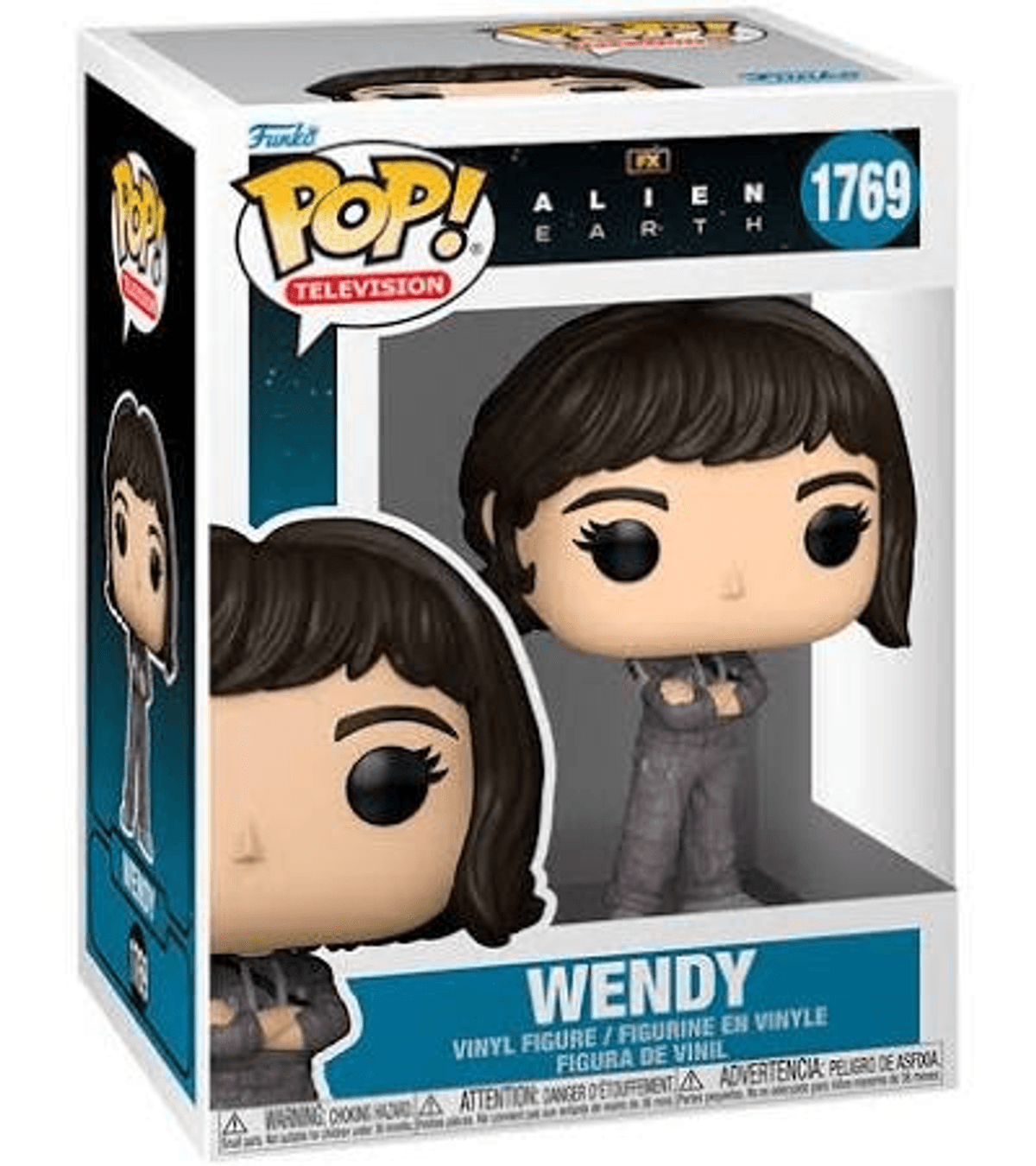 Funko Pop Figur von Wendy aus Alien Earth, in grauem Overall, in der Originalverpackung.