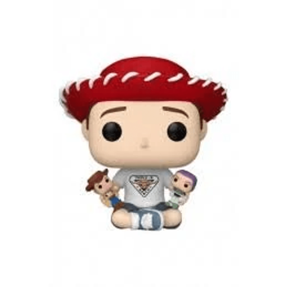 Funko Pop de Jessie de Toy Story sosteniendo figuras de Woody y Buzz Lightyear.