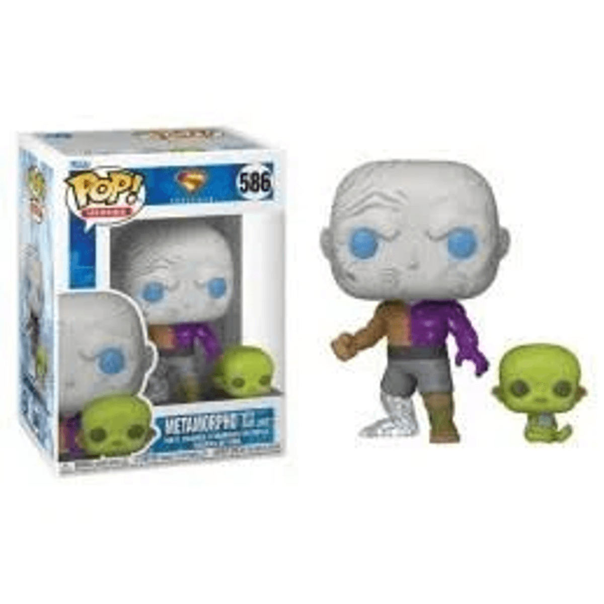 Figura con cuerpo dividido, morado y marrón, con figura verde pequeña al lado.