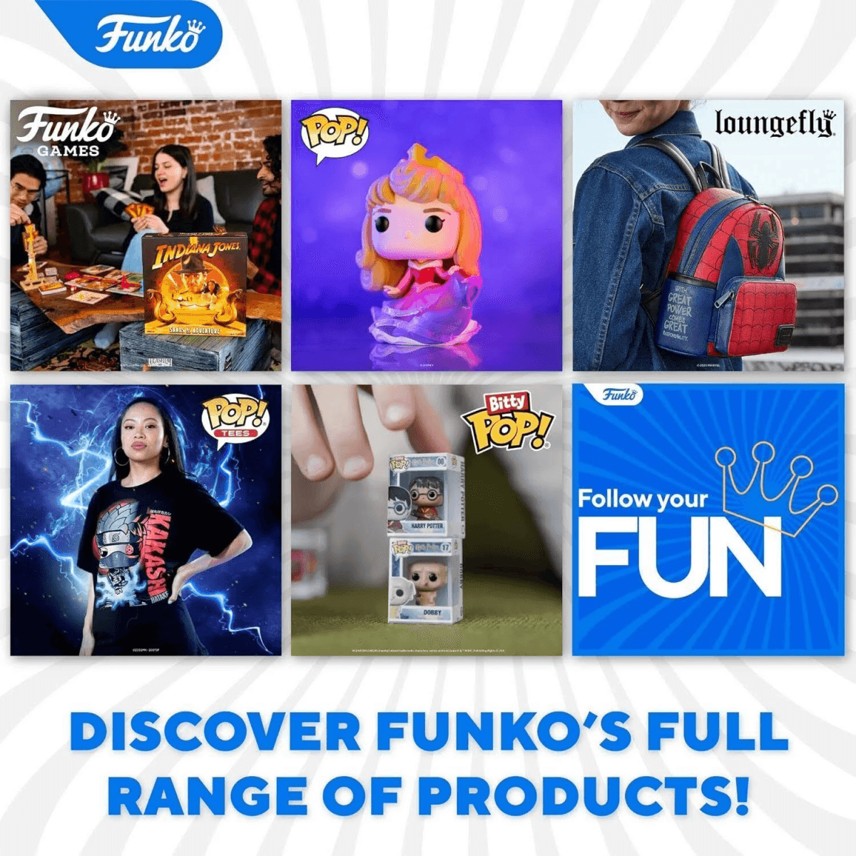 Collage von Funko-Produkten: Indiana Jones Brettspiel, Aurora Funko Pop, Spider-Man Loungefly Rucksack, Kakashi T-Shirt, Harry Potter & Dobby Bitty Pops.